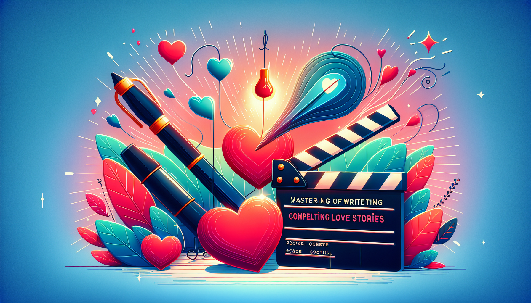 A modern and colorful illustration of a metaphorical representation that embodies mastering the art of writing compelling love stories for the screen. The scene might include objects such as a pen symbolizing writing, a heart symbolizing love, and a clapperboard symbolizing the screen or movies. They might be animated and placed in a storytelling setting, evoking romance, emotion, and creativity.