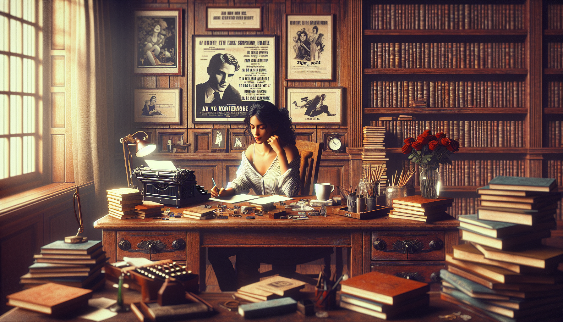 Create an image of a vintage, wood-paneled library with a young woman seated at a large oak desk, bathed in soft light from a nearby window. She is surrounded by stacks of books and film scripts, inte