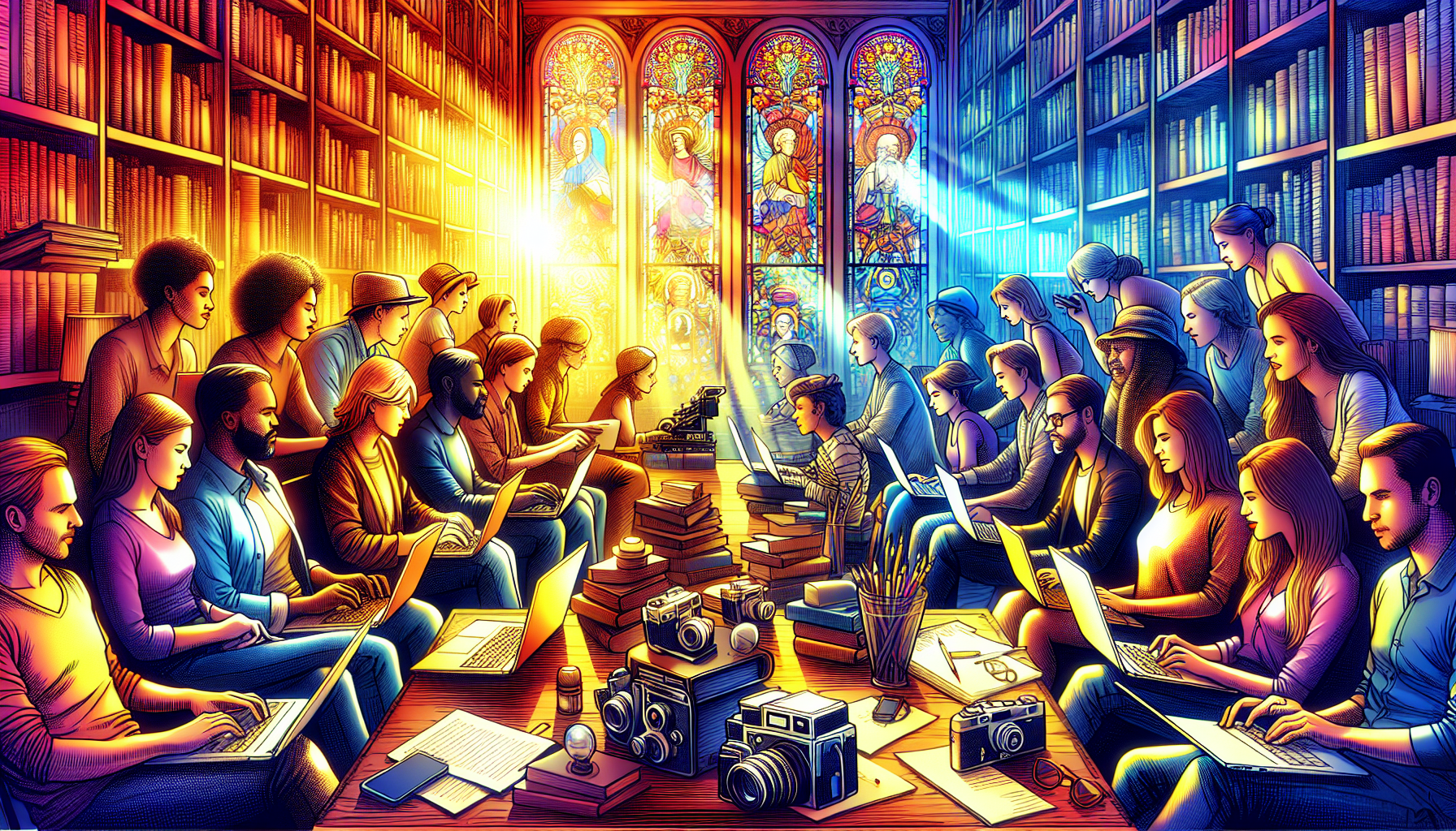 An image of a diverse group of aspiring screenwriters sitting in an old, cozy library filled with books about famous historical figures. Each writer is deeply engrossed in their laptop, surrounded by