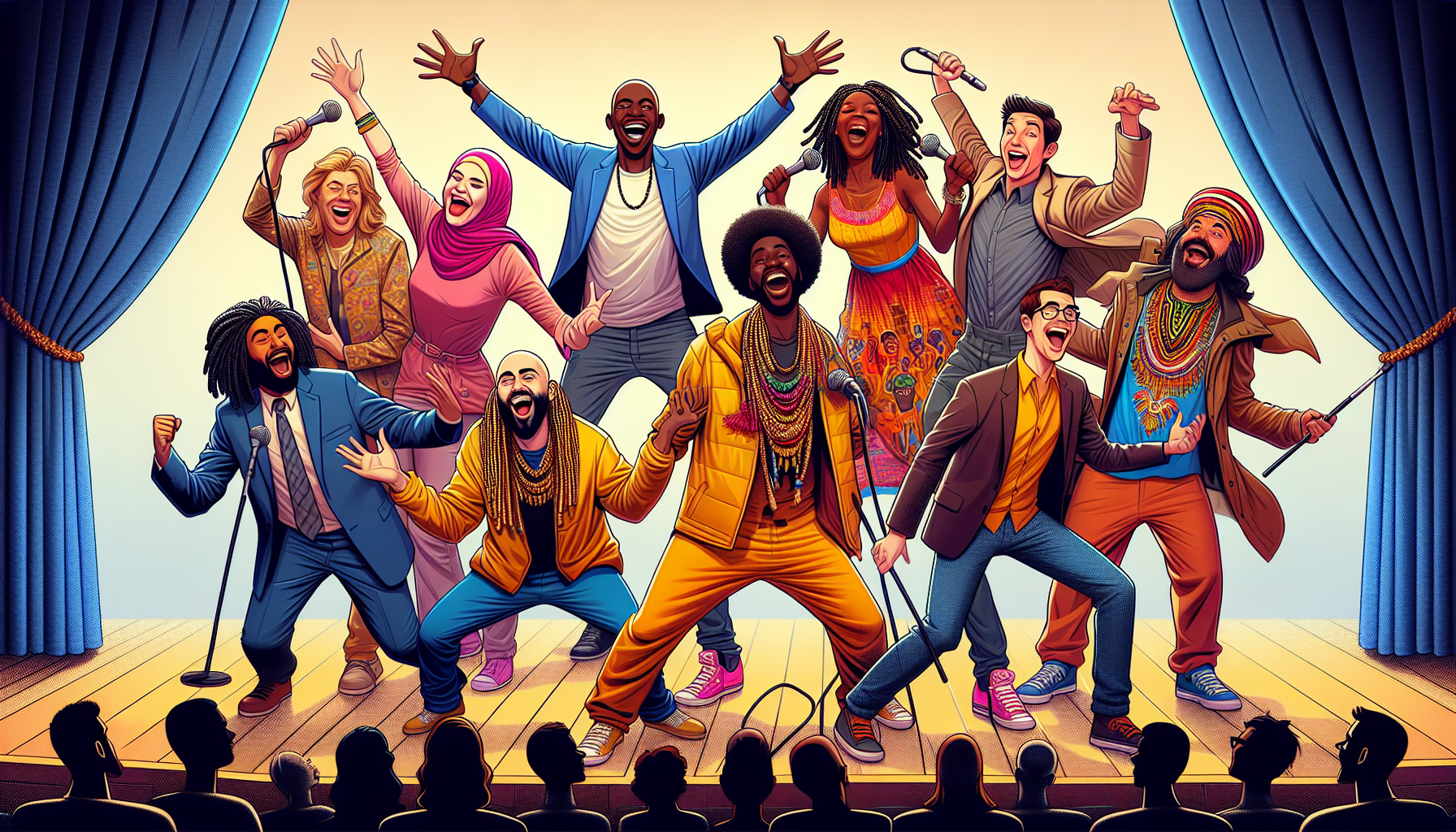 An illustration of a vibrant, multi-ethnic comedy ensemble on a theatre stage, each actor animatedly portraying a distinct and dynamic character, interacting with playful expressions and diverse perso