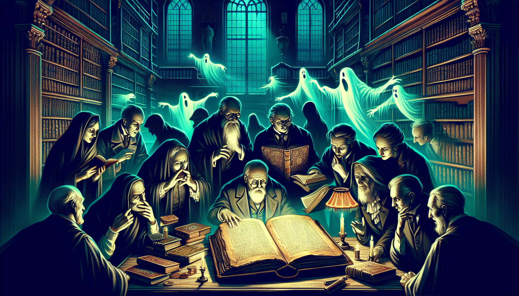 A dimly lit Victorian library with shadowy figures gathered around an ancient, mysterious book on a table, their expressions filled with shock and awe, as ghostly apparitions swirl around them reveali