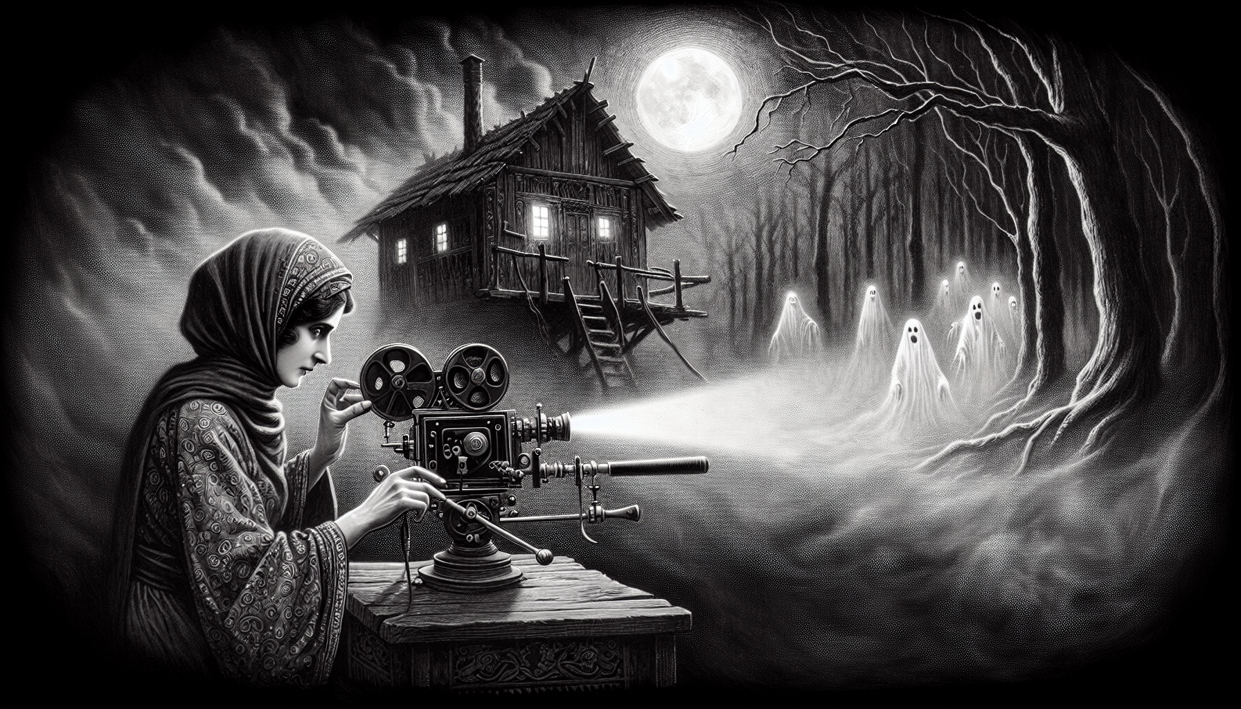 A striking and haunting image of a dark, foggy film set with a skilled director positioning a camera to capture a terrifying scene featuring ghostly figures emerging from an old, creaky wooden house,