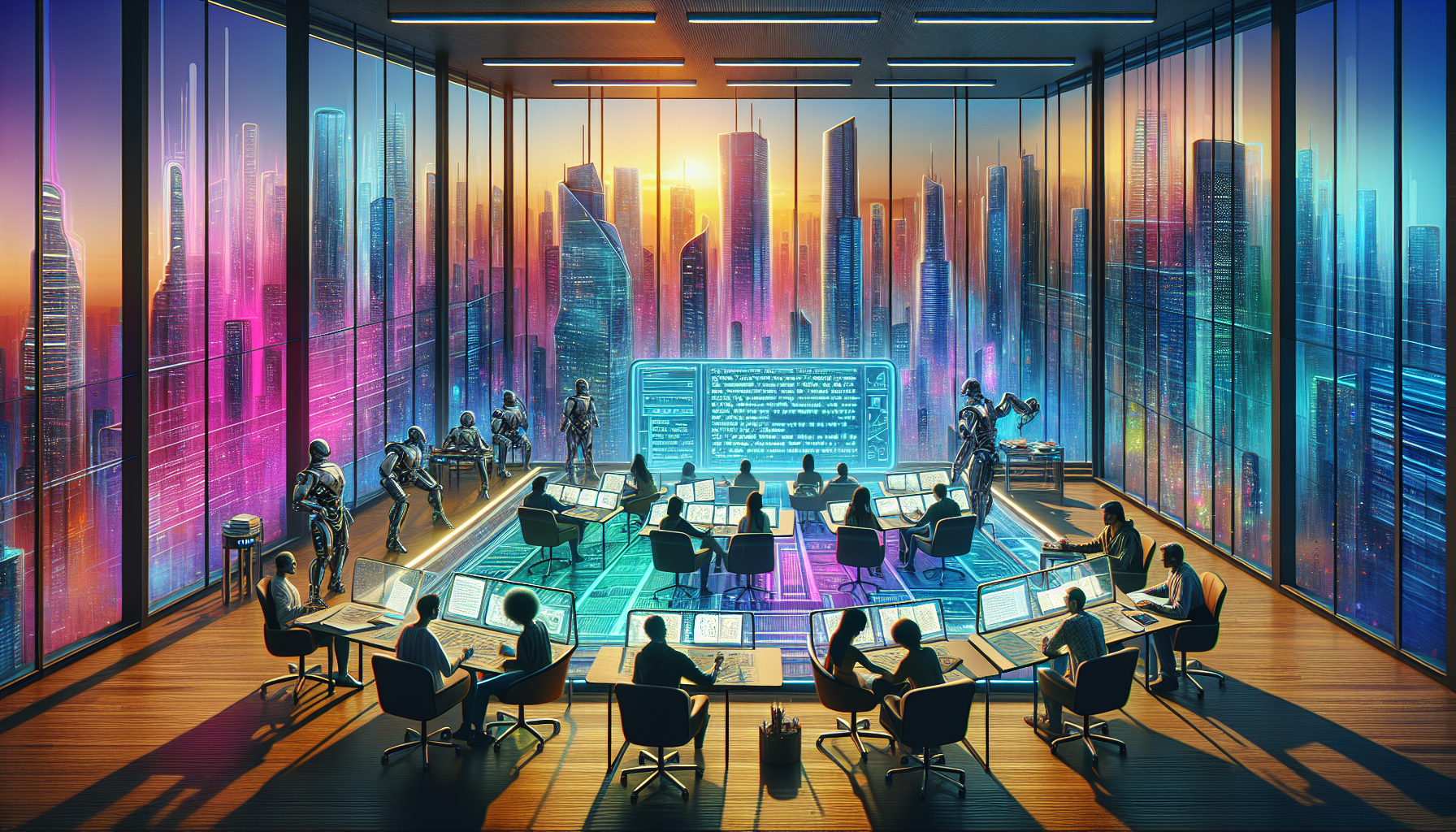 A futuristic writer's room filled with diverse authors brainstorming around a high-tech holographic table displaying dynamic script scenes, with robots assisting in background, inside a glass-walled s