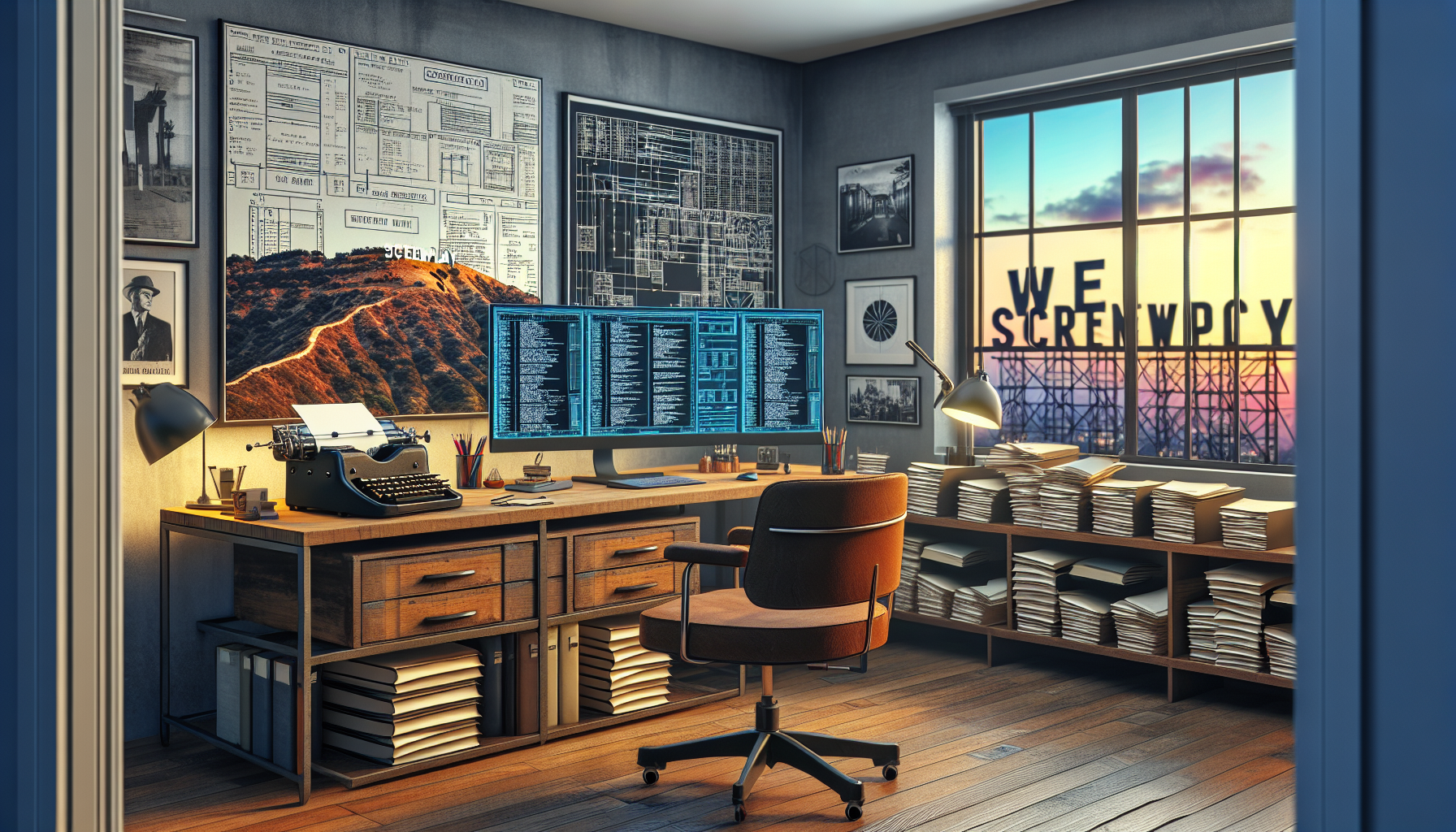 An artist's studio with a vintage typewriter, a stack of screenplay manuscripts with perfect formatting, and a large, illuminated computer screen displaying screenplay writing software. On the walls,