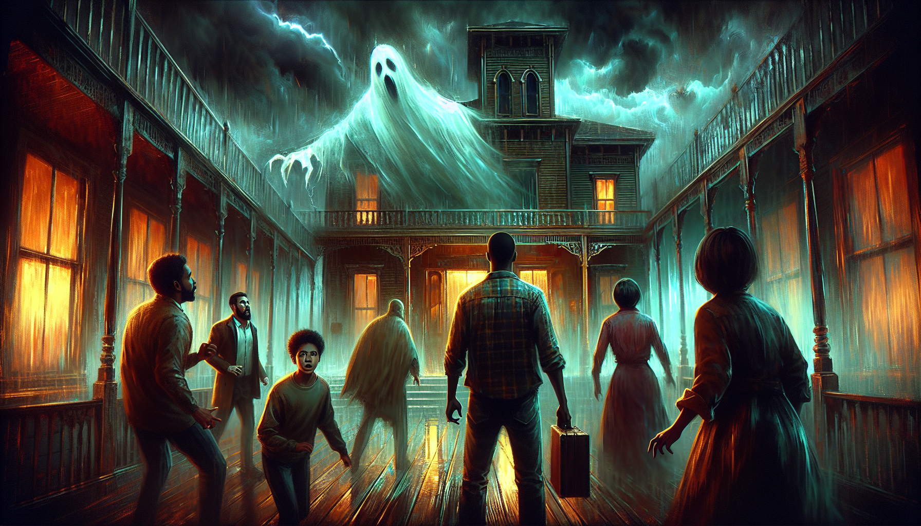 Create a moody, atmospheric digital painting of a climactic scene in a horror movie, featuring a suspenseful confrontation between a small group of survivors and a terrifying spectral entity in a decr