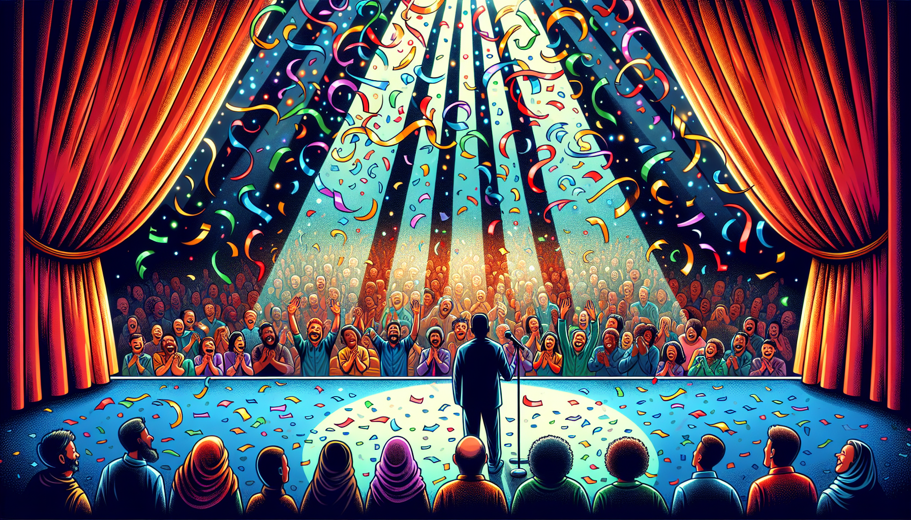 An illustrator's depiction of a colorful comedy club stage during the finale of a stand-up performance, with an audience in fits of laughter as confetti falls from above, highlighting the comedian tak