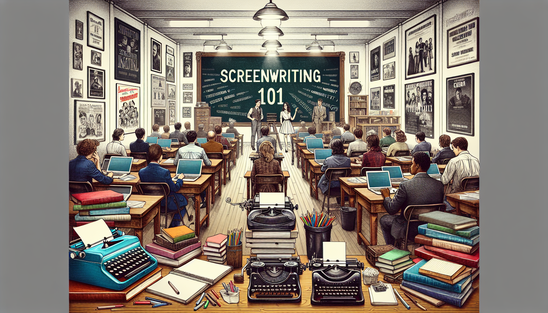An artistically designed classroom setting filled with various types of classic and modern writing equipment like typewriters, laptops, notebooks, and stacks of screenplays. In the background, a large