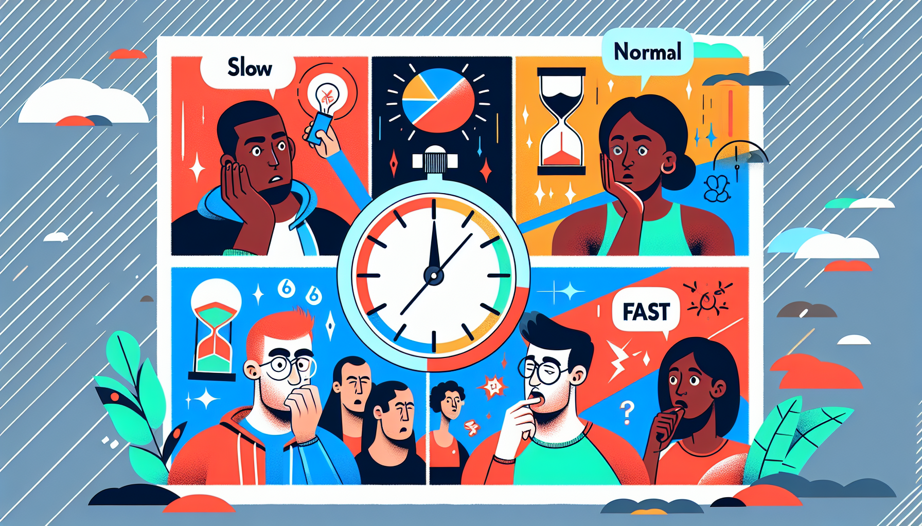 Illustrate a modern, colorful image showing the concept of pacing in animation, which is key to keeping viewers engaged. This could take the form of a multi-panel comic strip, with each panel representing a different speed of animation (e.g. slow, normal, fast). The visuals could include a stylized stopwatch or an hourglass to symbolize time, without any text. Include diverse human characters in various stages of emotive responses in each panel that reflect their level of engagement in watching the animation: for example, a Caucasian man showing boredom, a Black woman looking intrigued and a Hispanic child showing extreme excitement. This will help to visually depict how the pace of animation affects viewer engagement.
