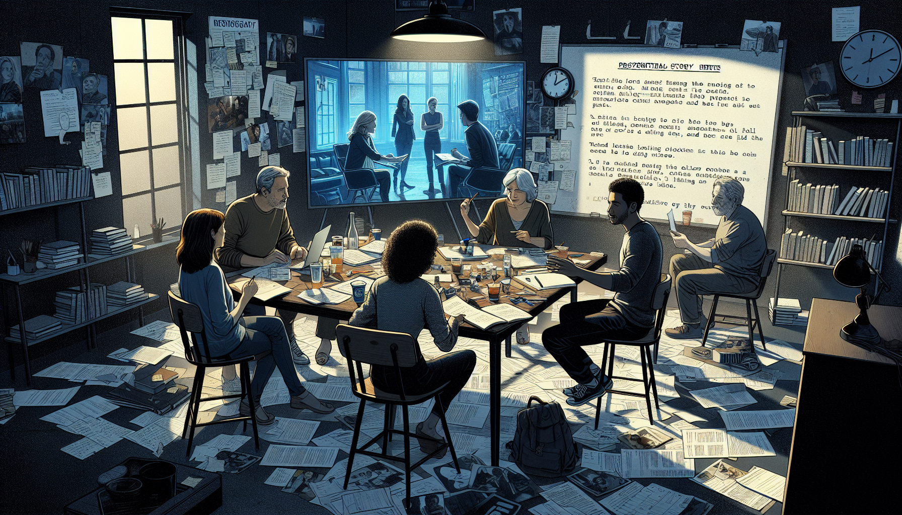 A cozy, dimly-lit writer's room filled with scattered notes and screenplay pages, with a group of diverse television writers sitting around a large, cluttered table discussing a storyboard for the pil