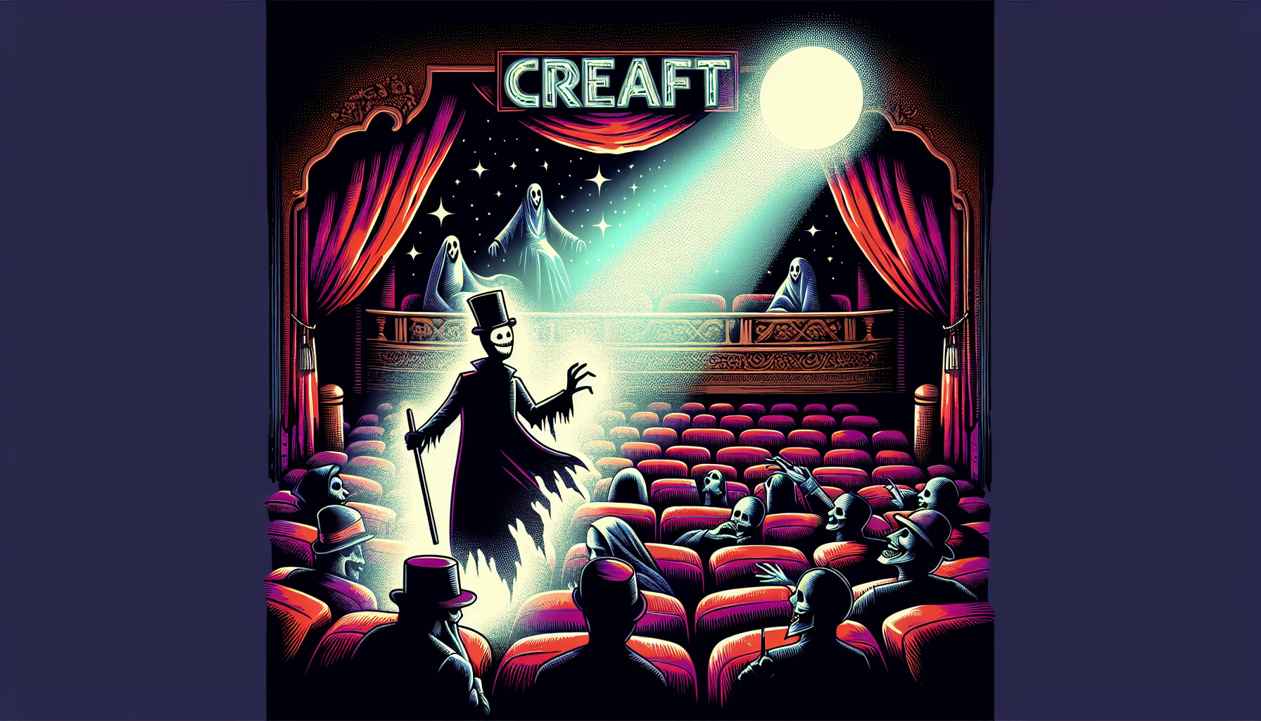 A whimsical yet eerie image of a dimly lit vintage theater, with ghosts occupying the red velvet seats, laughing uproariously at a spectral figure on stage, who is dressed as a classic comedian with a