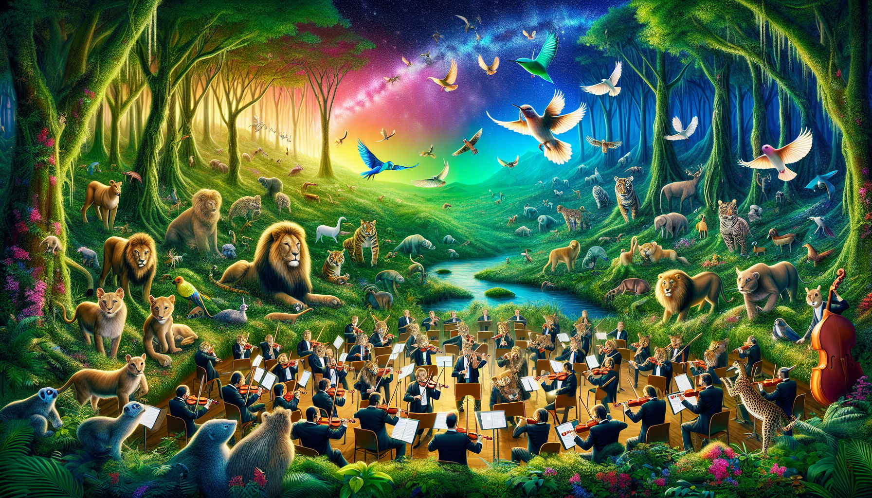 A grand orchestra positioned in the heart of a luscious, vibrant jungle, with a diverse array of animals - from majestic lions to tiny hummingbirds - intently listening and some gently participating,