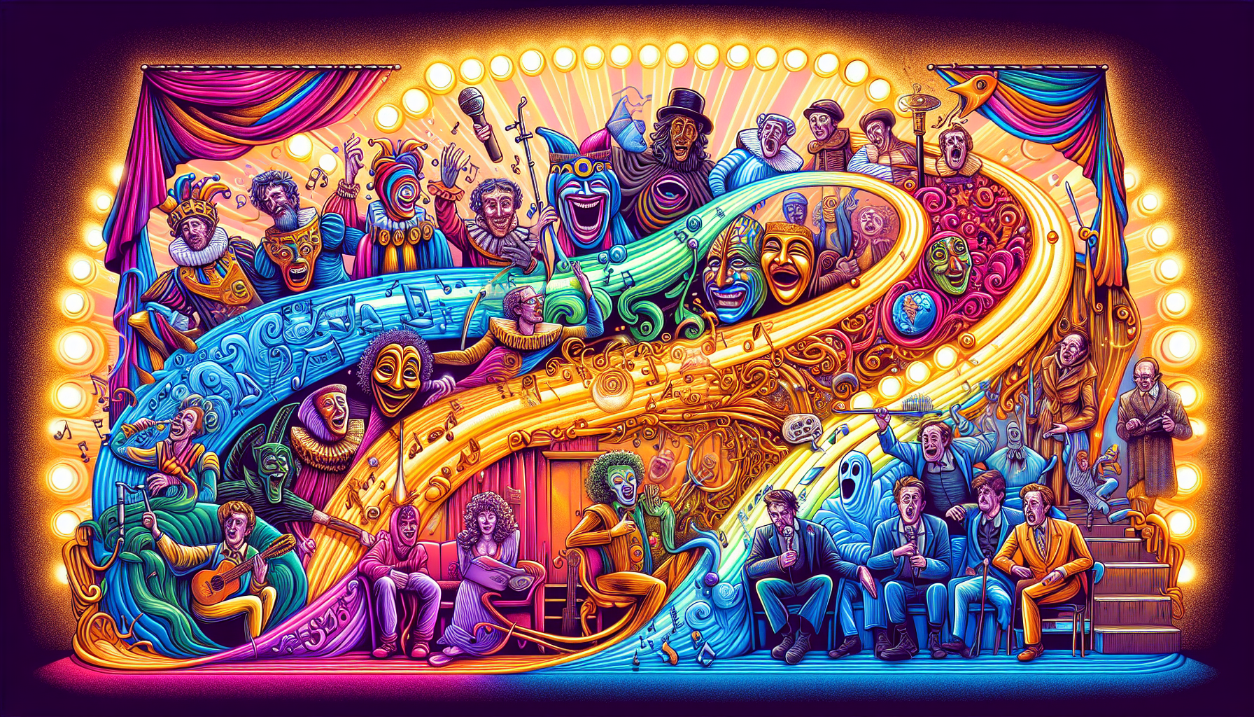 A whimsical, colorful illustration of a timeline showing different eras of comedy, from ancient Greek masks and Shakespearean jesters to modern stand-up comedians and sitcom actors, each depicted in t