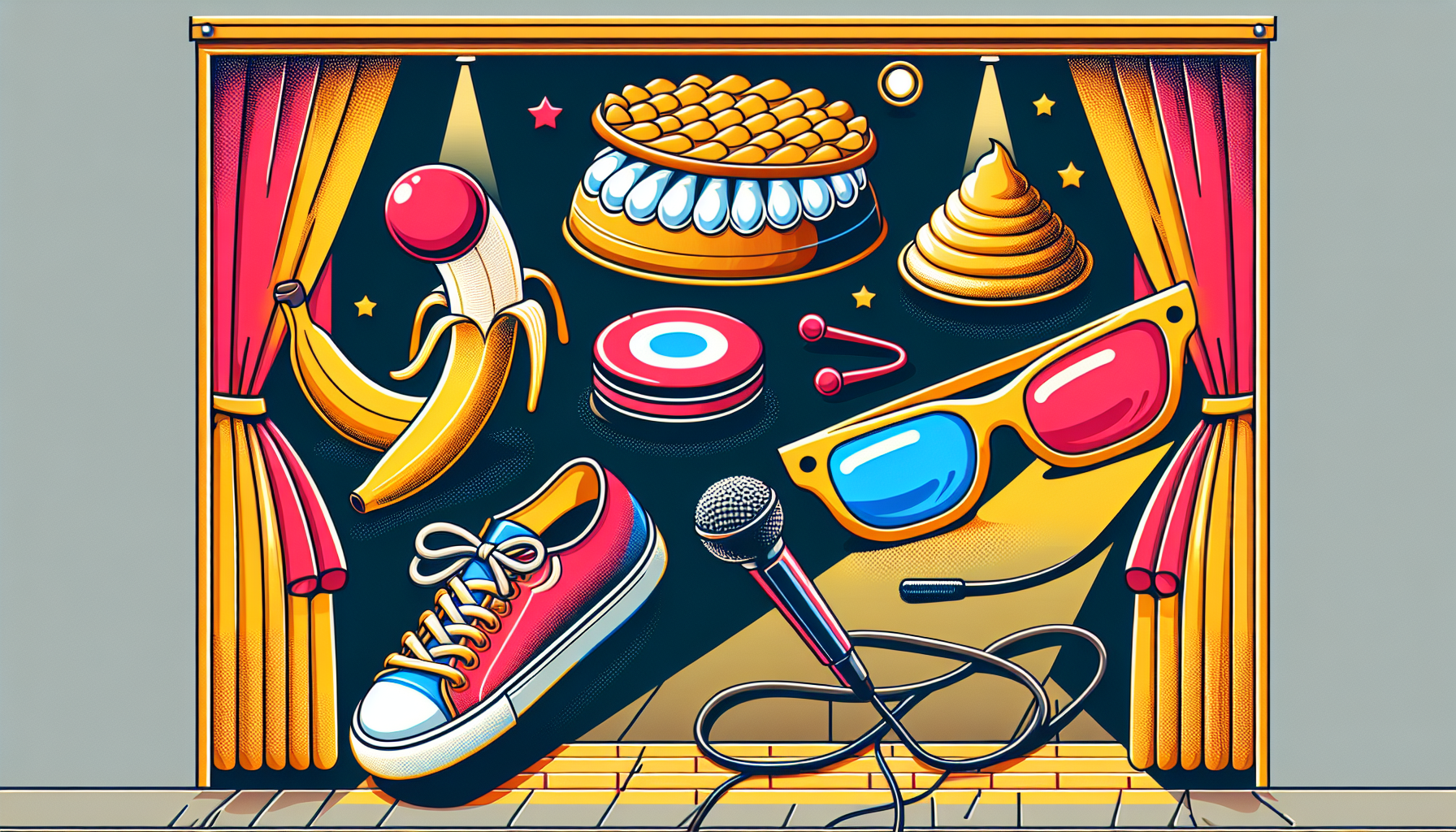 Create a modern, colorful representation of classic comedy tropes transformed. Illustrate a stage with a banana peel, a cream pie, and a whoopee cushion placed strategically. Also, depict a spotlit stand-up comic microphone. Replace the vintage floppy shoes with sleek modern sneakers and the traditional red clown nose with funky neon sunglasses. Ensure no text or words are present in the image.