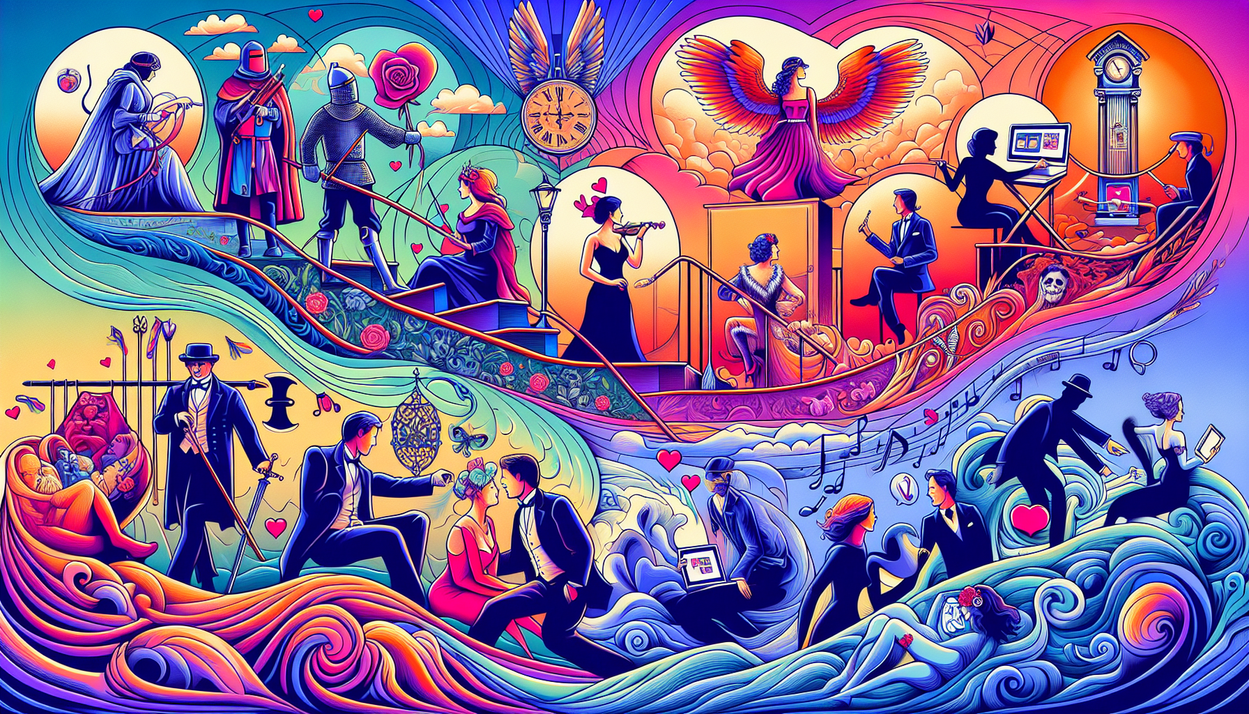 A vibrant and contemporary illustration showcasing the evolution of romantic archetypes and tropes. The scene begins with old-school courtship tropes like knights and damsels, evolves through Victorian-era romantic symbolism, touches upon flapper-style romance of the 1920s, and exhibits modern-day soulmates navigating through digital dating. Each era's unique romantic behaviours and symbols are depicted in an abstract, thought-provoking manner, with vivid colors and gracefully flowing lines creating a sense of continuity, demonstrating how love evolves but essentially retains its purity and charm.