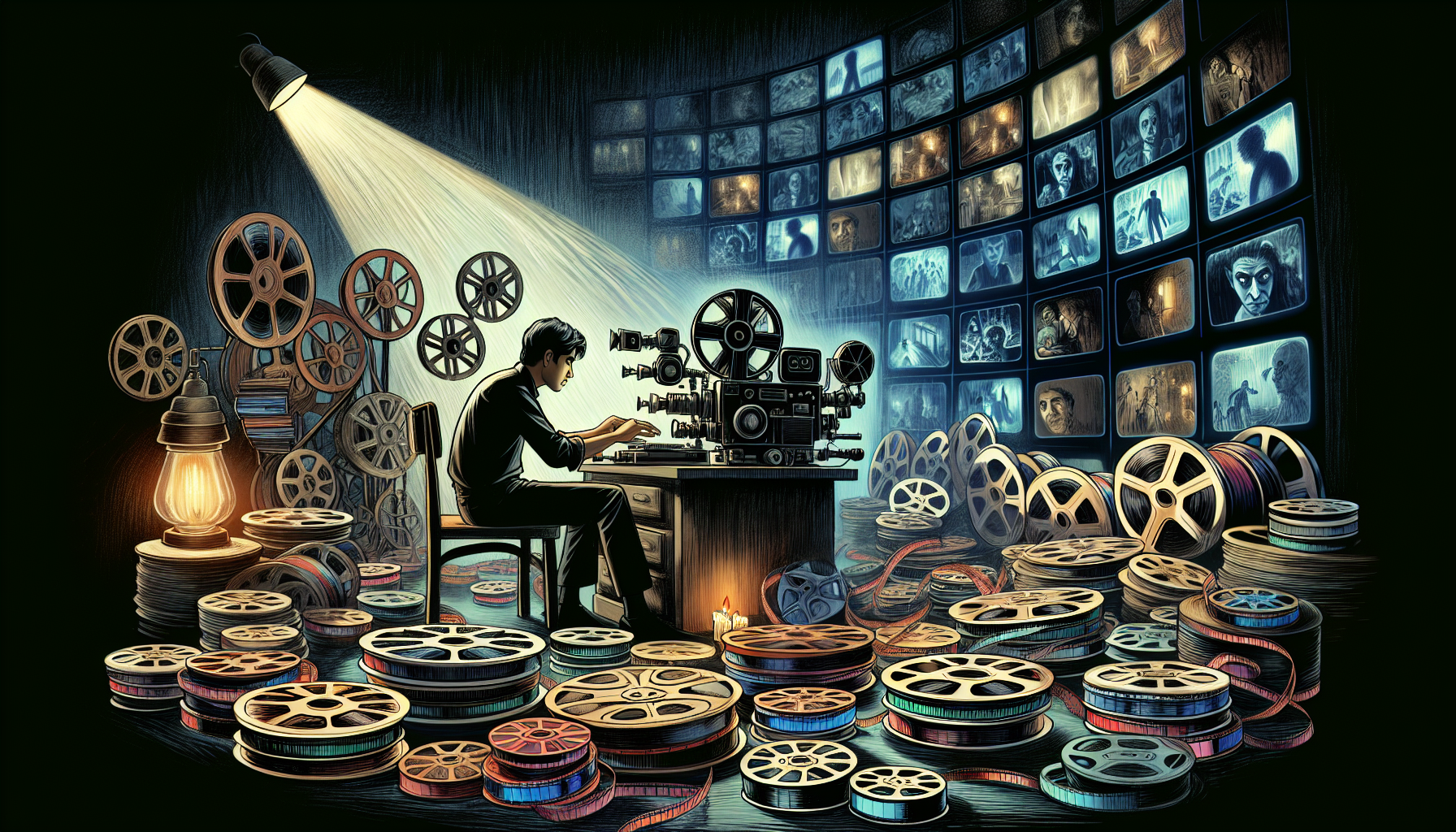 An artist in a dimly lit studio, surrounded by cascading reels of vintage film and modern digital cameras, intently piecing together a found footage horror film on multiple screens, each displaying ee