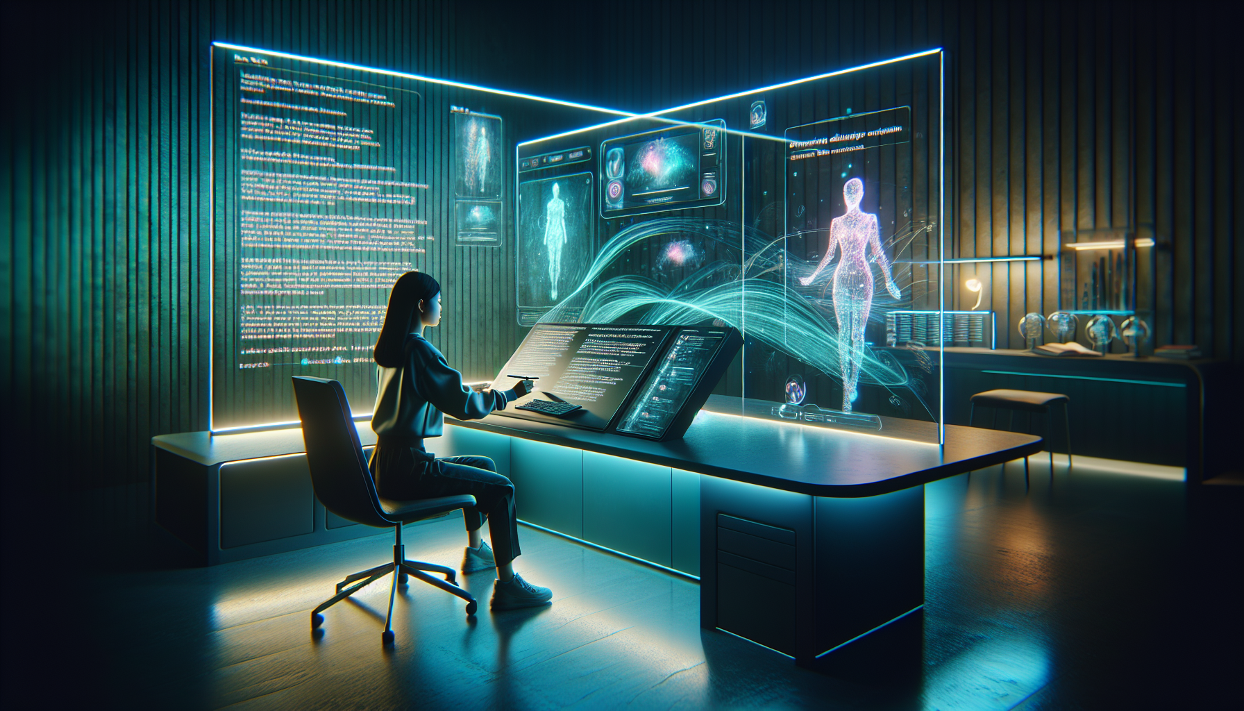 A futuristic, dimly lit writer's room where an author, a young Asian woman, is sitting at a sleek, modern desk surrounded by large transparent digital screens displaying flowing script. The screens vi