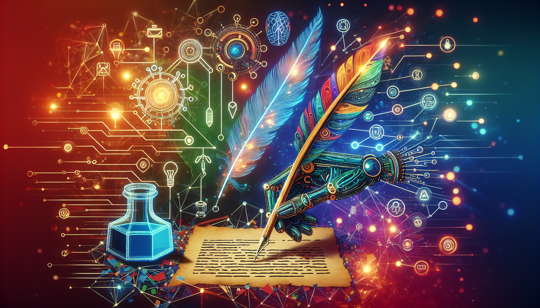 An innovative and colorful modern illustration showcasing the influence of AI on screenplay formatting. The image could feature iconic symbols such as a quill and an inkwell, signifying traditional scriptwriting, intertwined with futuristic elements like a neural network or robotic hand. The background can be brimming with vibrant colors to emphasize the contemporary aspects of the scene. No words or text should be included in this imagery.
