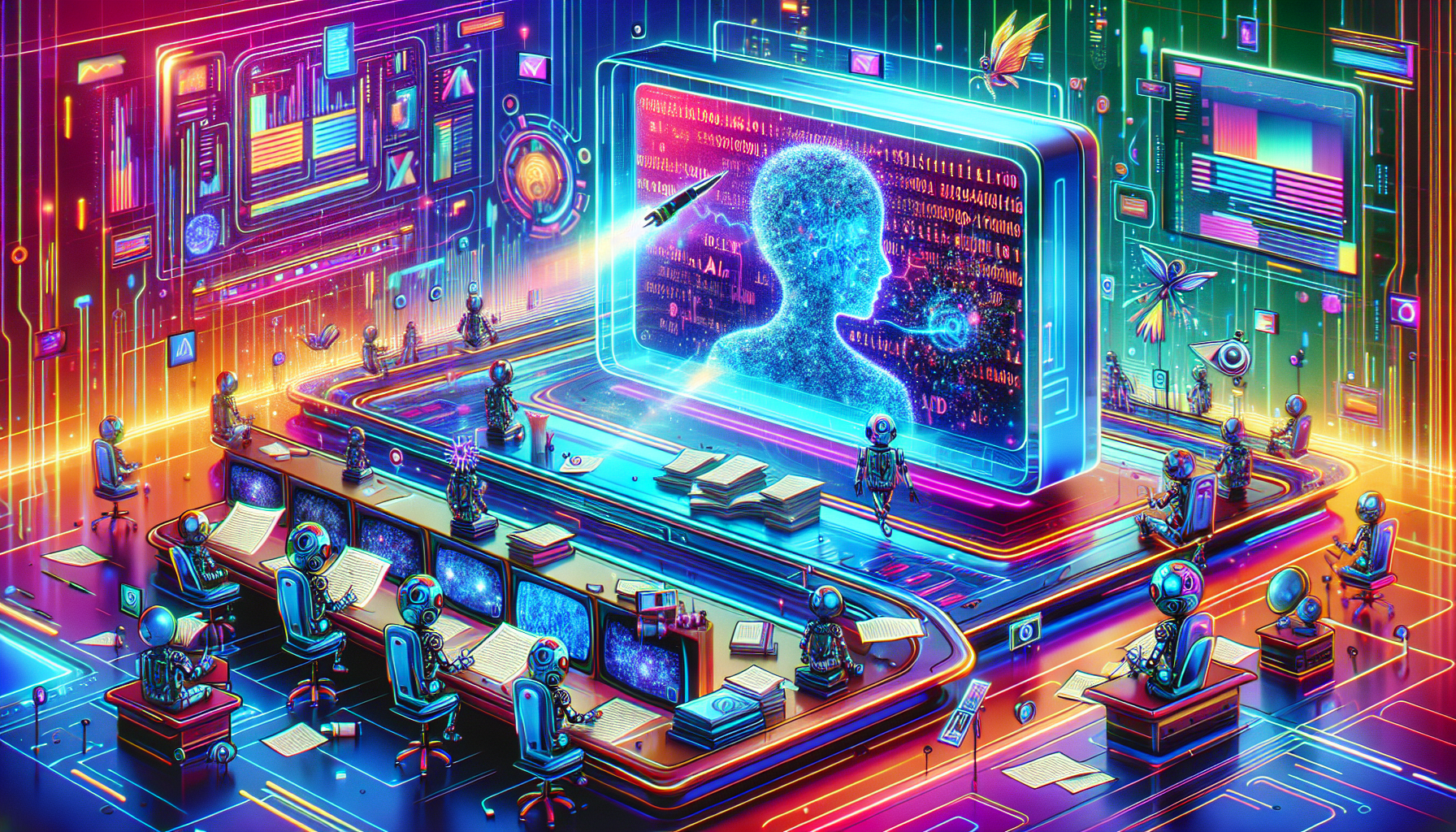 A vivid, color-saturated illustration portraying the future of television with the integration of artificial intelligence. Picture a visual scene that embodies a futuristic and high-tech control room. In the midst of the scene, there is a large, sleek, transparent screen displaying a continuous stream of codes and algorithms symbolizing AI. Scattered around are small robots, writing stories on paper, signifying the rise of AI in screenwriting. The mood is vibrant and forward-thinking, infused with hues of neon and metallic colors, depicting the modern feel.