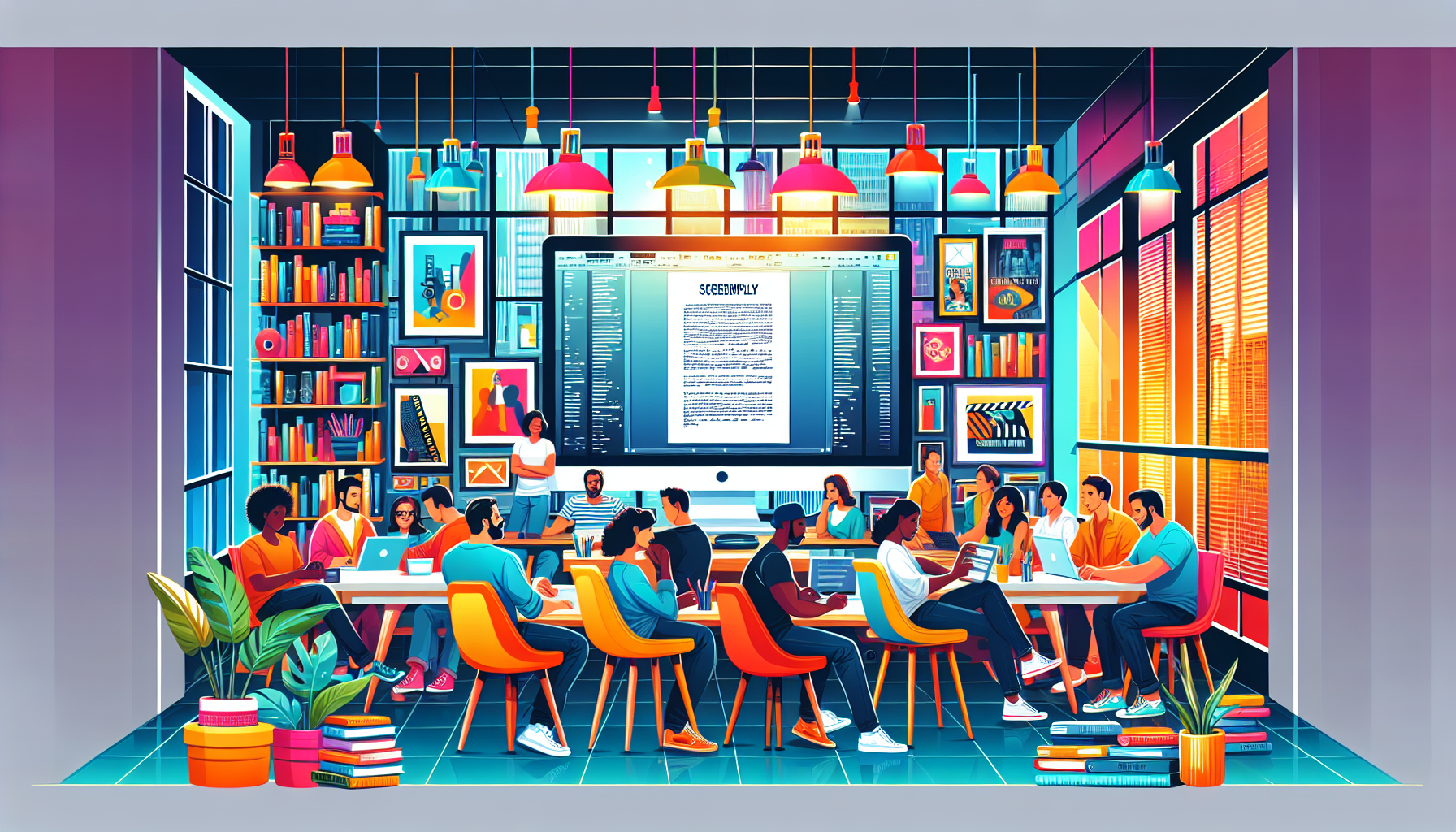 An artistic illustration of a diverse group of people gathered around a large, glowing computer screen displaying a screenplay, set in a cozy, modern office environment filled with film posters and sc