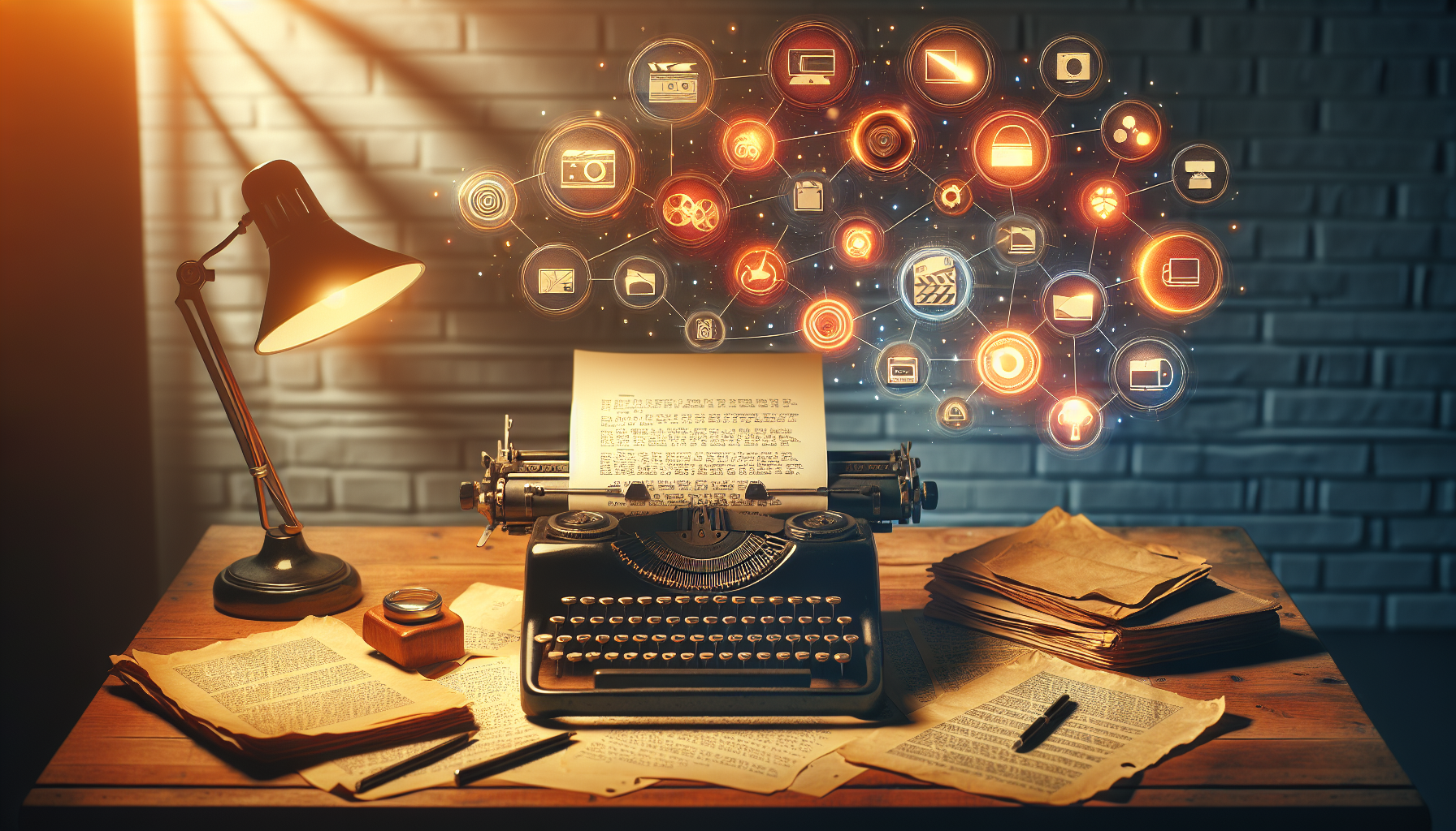 An elegant vintage typewriter on a wooden desk with scattered screenplay pages, a dimly lit lamp casting warm light over the scene, and conceptual icons representing montage techniques floating above