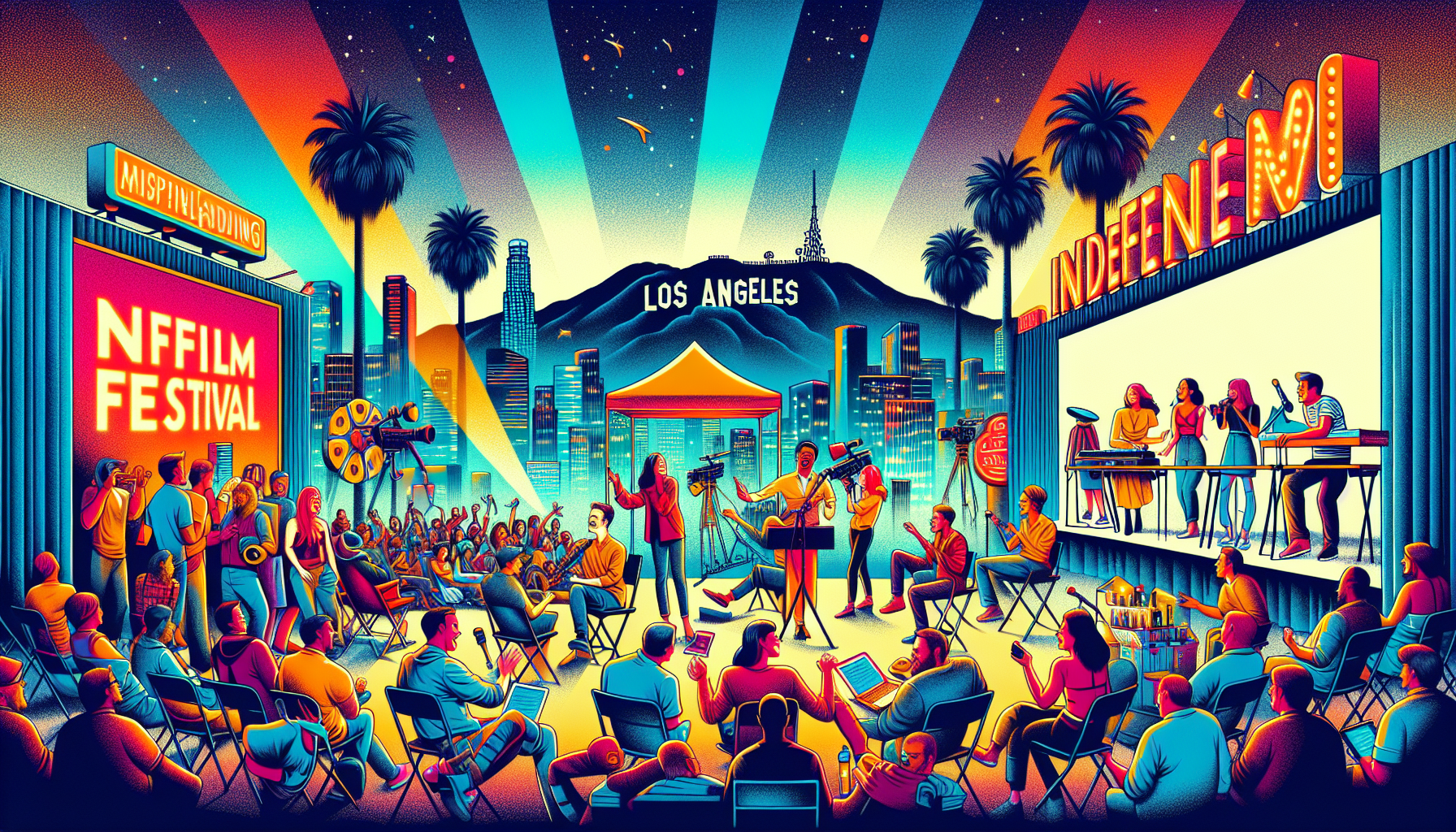 Vibrant conceptual artwork of the Slamdance Film Festival set against the iconic Los Angeles skyline, featuring filmmakers and indie artists showcasing their work under neon lights, with palm trees an