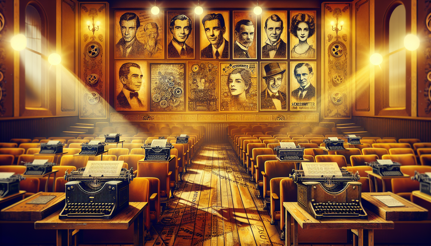 A vintage cinema hall with golden light illuminating posters featuring portraits of top famous screenwriters throughout film history, with antique typewriters and classic film reels scattered around.