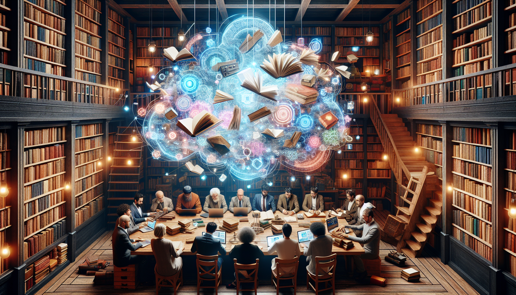 An engaging digital artwork of a cozy, well-lit library with a large wooden table. On the table, various authors from different historical periods and diverse backgrounds are conversing and collaborat