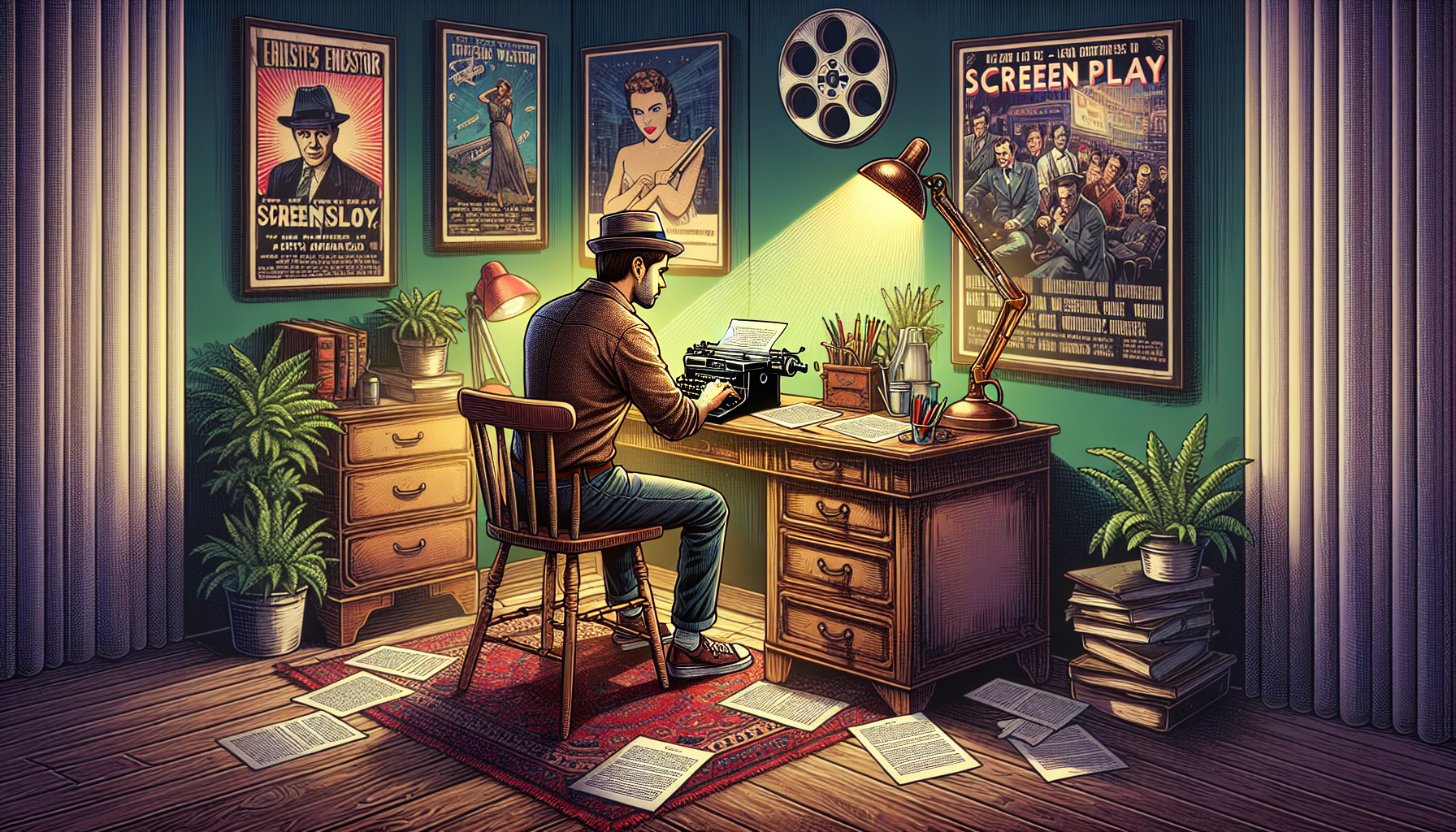 An aspiring writer sitting at an antique desk, surrounded by classic film posters, typing on a vintage typewriter under a soft desk lamp, with a thick screenplay manual and scattered screenplay pages