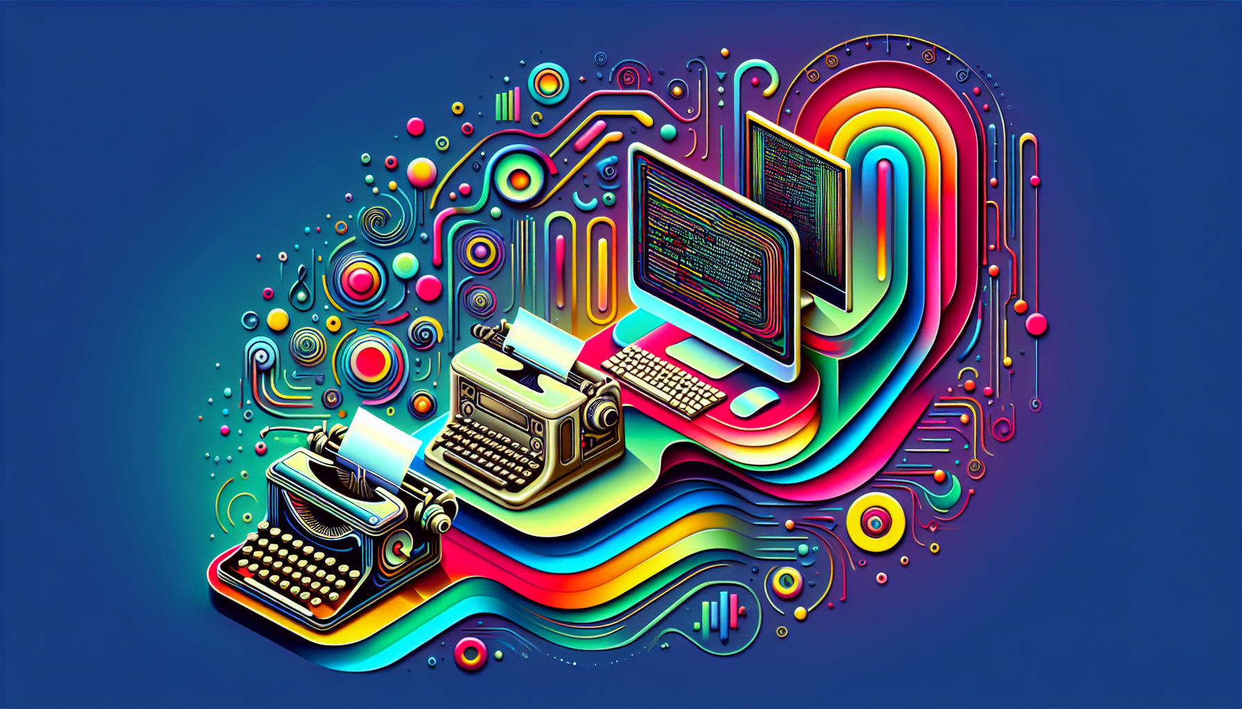A modern and colorful conceptual image illustrating the evolution of Artificial Intelligence in screenwriting. Starting from the left, represent a simple, older model typewriter indicating the earliest form of screenwriting. Progressing to the center, show a more advanced computer with dated software to denote the digital age. Finally, depict a futuristic, sleek device implying AI's role in future screenwriting. Use abstract shapes and vivid colors to visually portray the leaps between these stages.