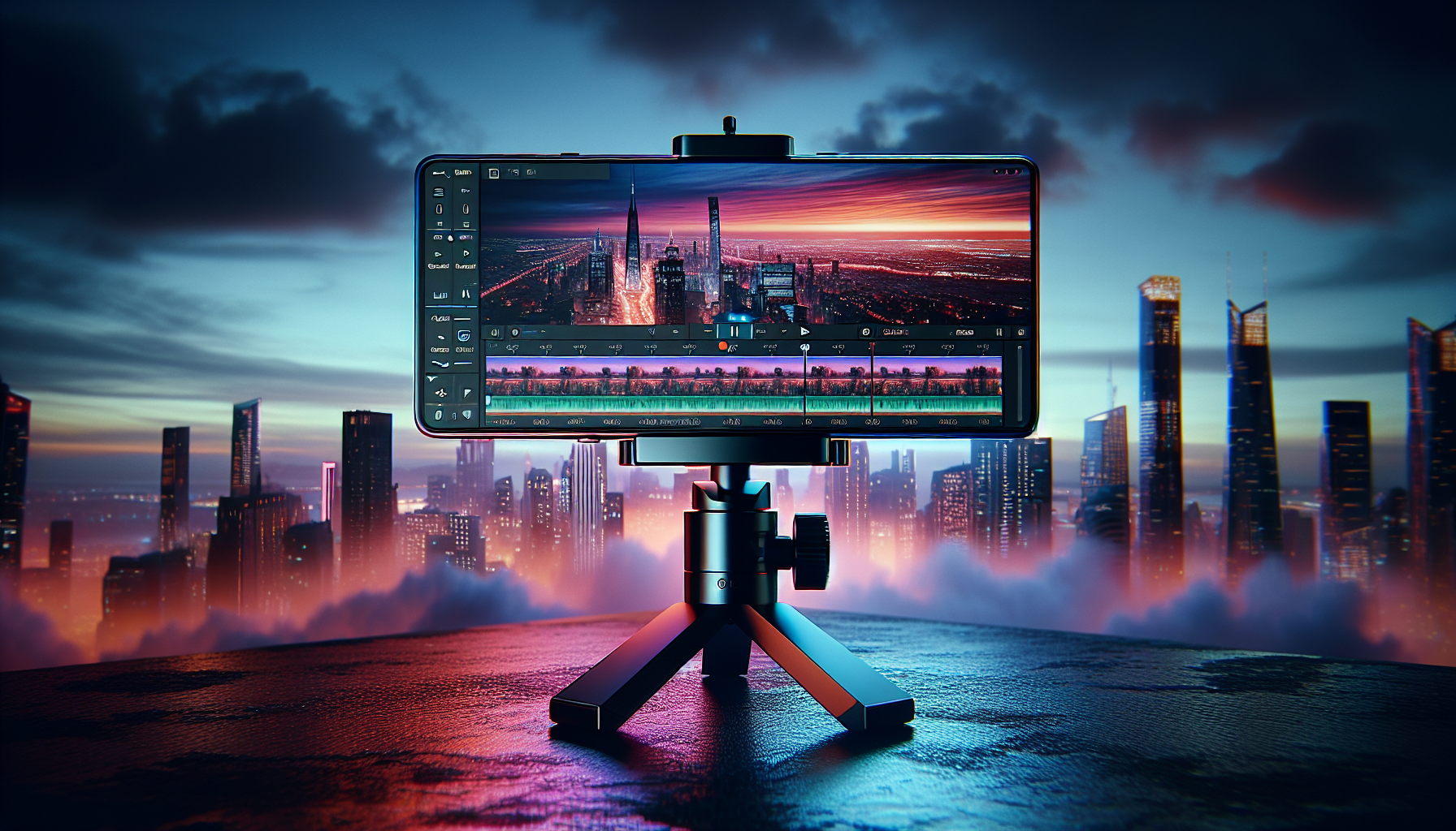 A sleek, high-tech Atomos Ninja Phone mounted on a tripod, demonstrating its powerful video editing software with a breathtaking cinematic cityscape at dusk in the background, highlighting advanced fe