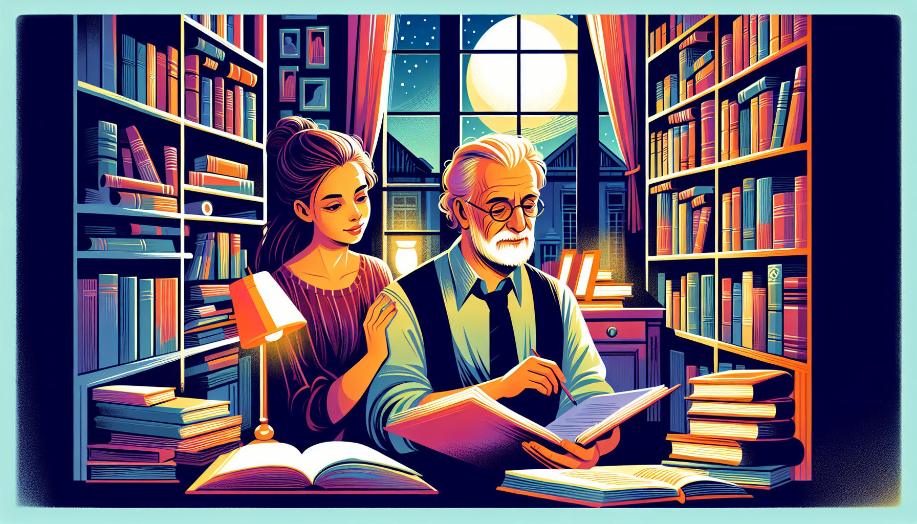 An inspiring scene of an experienced author in a cozy, book-filled study, mentoring a young, enthusiastic writer, both looking at a manuscript under a soft lamp light, with shelves of books surroundin