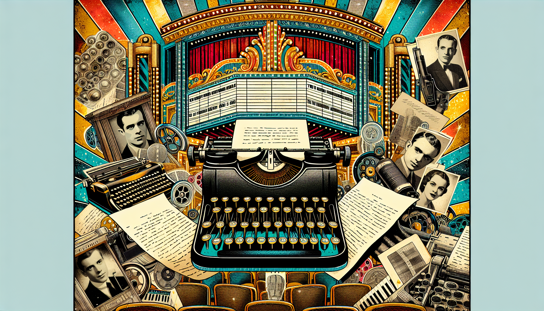 A collage of vintage typewriters, old scripts, and black-and-white photos of the top 50 screenwriters in cinema history, set in an ornate, classical film theater with golden details and marquee lights