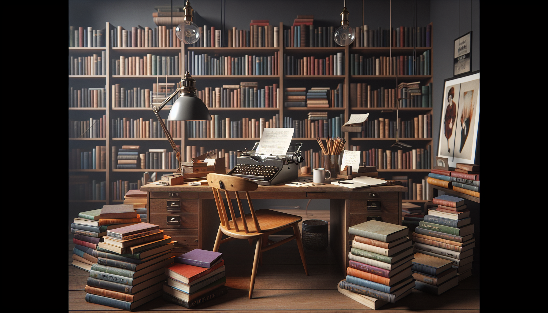 An artistic study room filled with books on screenwriting, scattered around in a cozy, warm setting with a vintage typewriter, notes and coffee on a wooden desk, dimly lit by a classic desk lamp, in a