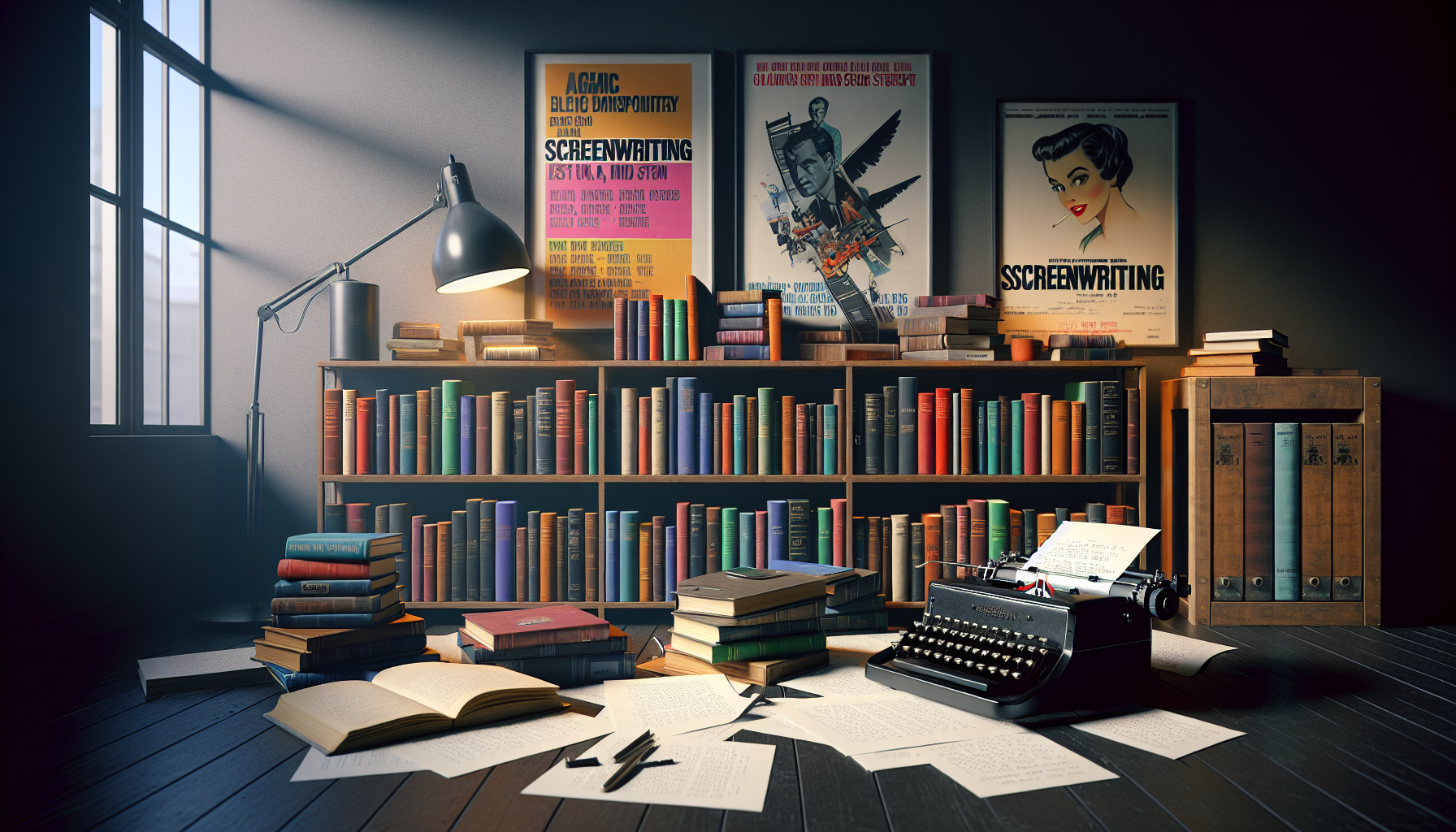 An artistic bookshelf filled with classic and modern screenwriting books, a vintage typewriter and scattered screenplay pages, in a cozy, dimly lit writer's study with posters of famous films on the w