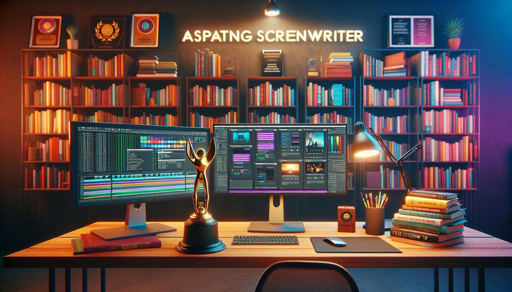 A digital artist's workstation with multiple screens displaying various free screenwriting software interfaces, surrounded by shelves filled with film and screenplay books, cozy lighting, and a visibl