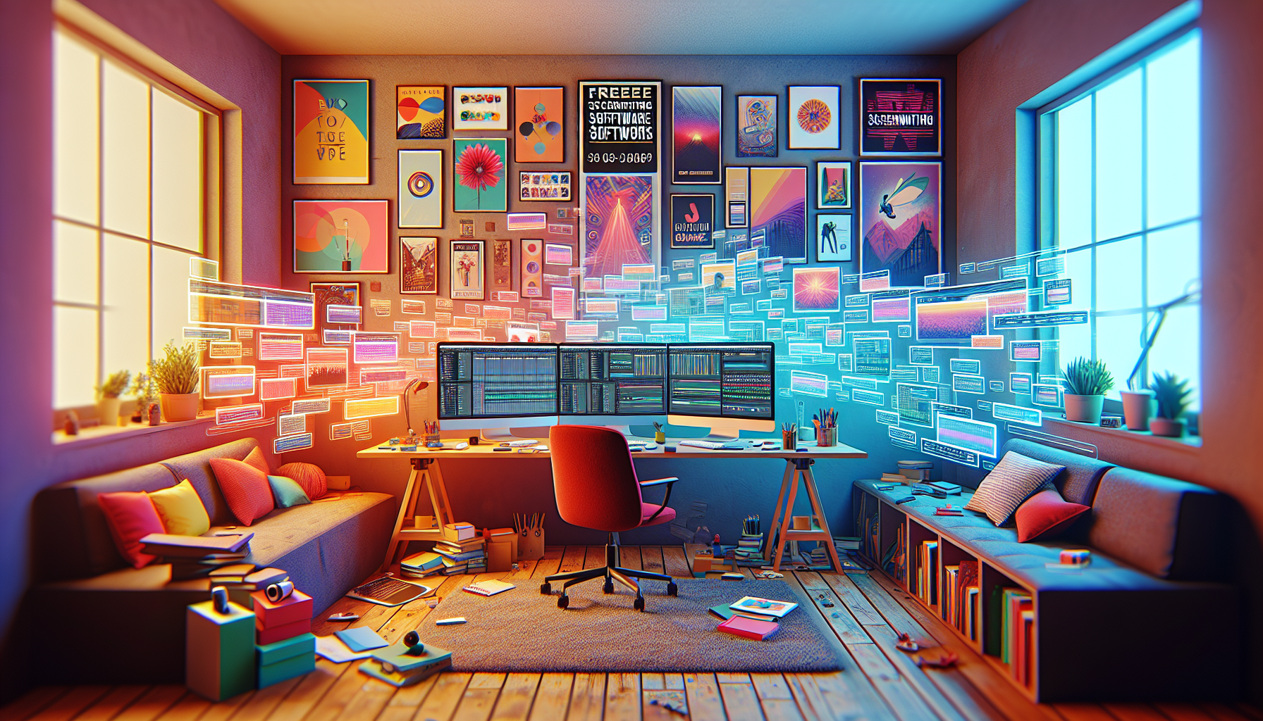 A digital artist's workstation showcasing multiple computer screens, each displaying different interfaces of the top free screenwriting software tools, set in a cozy, well-lit home office with creativ