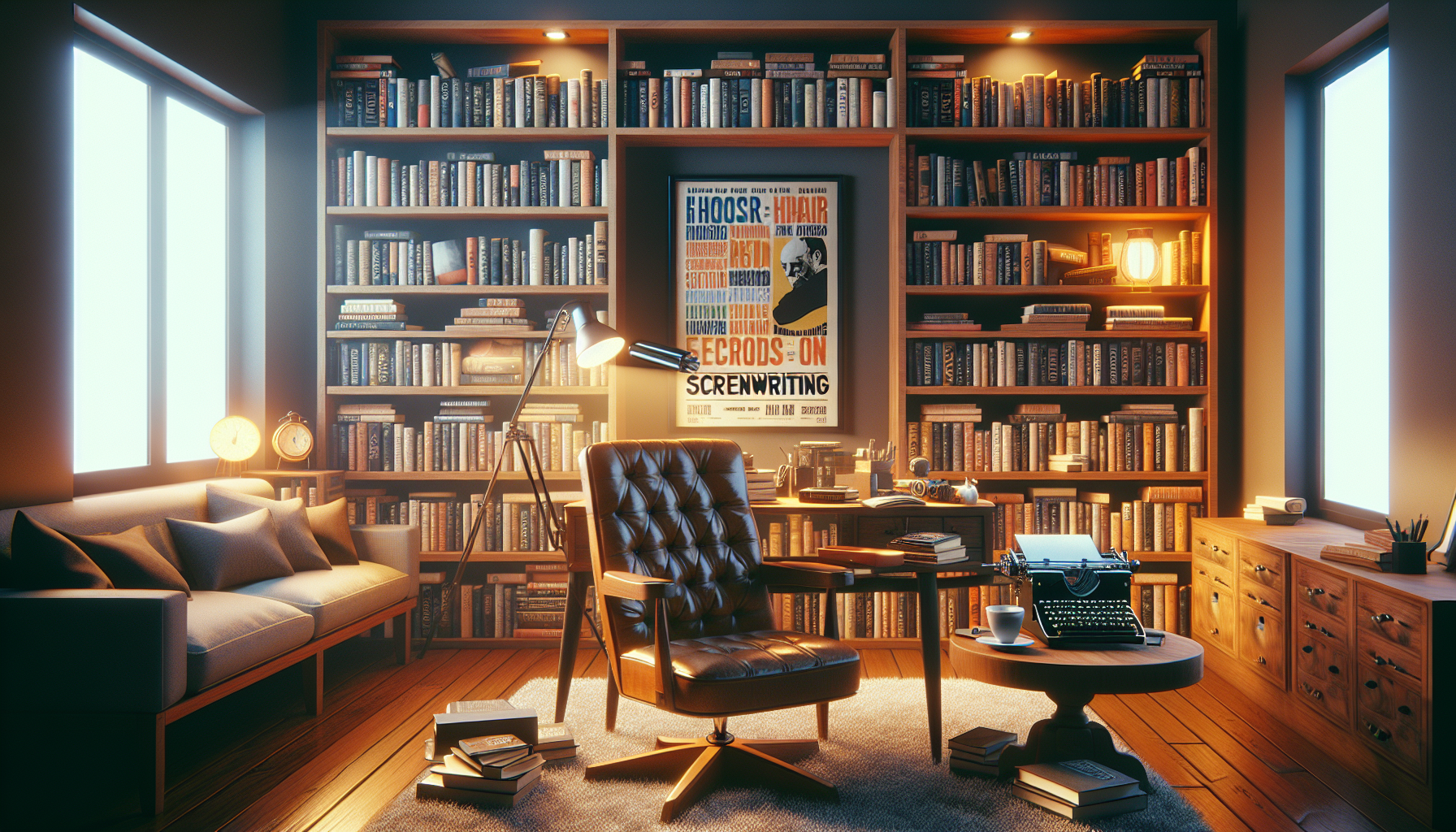 A cozy, inviting home library filled with a variety of thick books on screenwriting, a vintage typewriter on a wooden desk, warm lighting highlighting a comfortable reading chair and a cup of steaming
