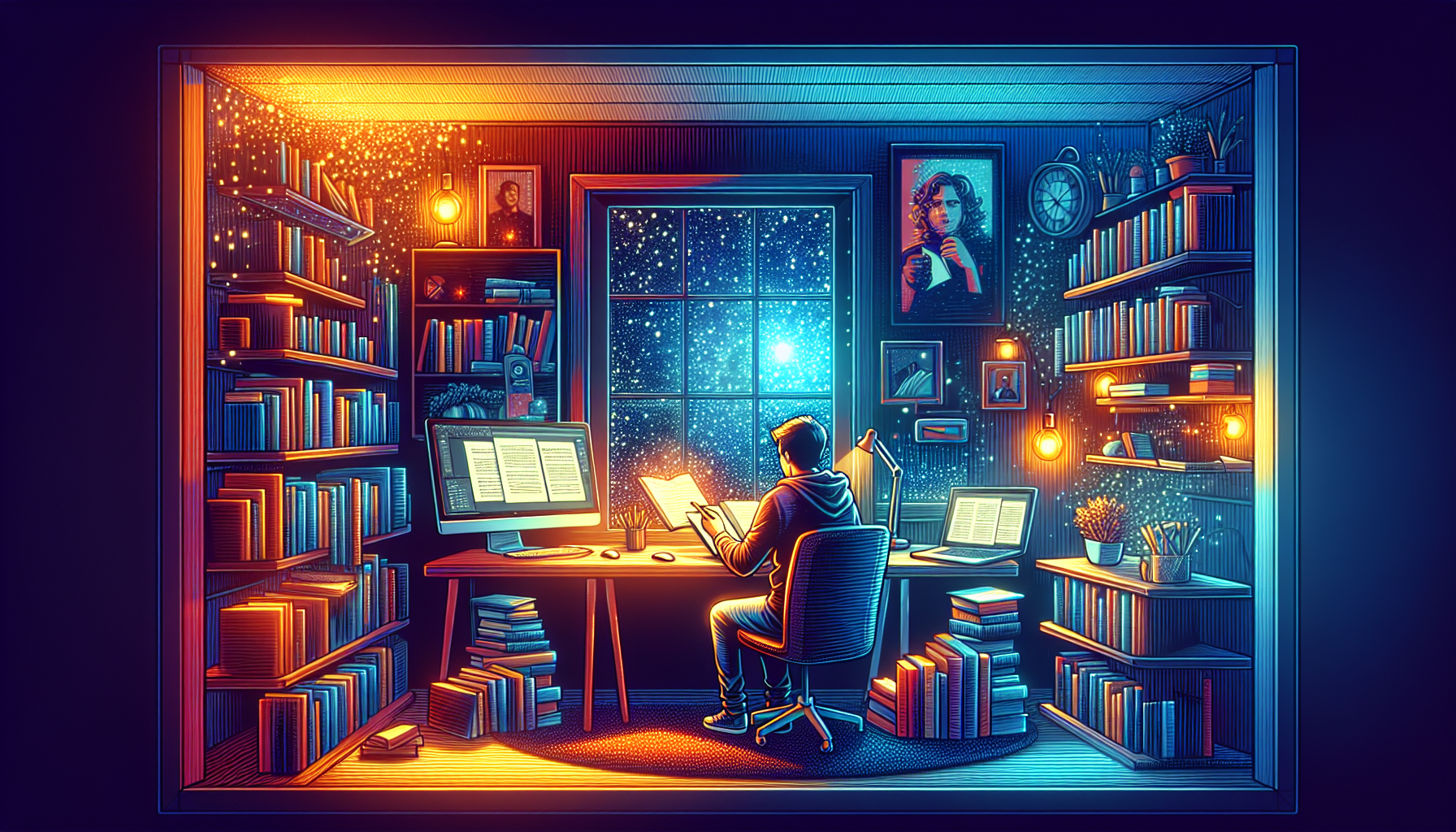An artistic digital illustration of a cozy study room at night, filled with glowing screens displaying various screenwriting software, surrounded by books on filmmaking and scripts, with a young, insp