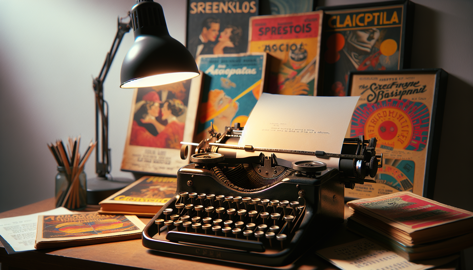 An open vintage typewriter with classic screenplays scattered around it under a soft desk lamp, highlighting titles like 'Casablanca', 'Chinatown', and 'Pulp Fiction', in a cozy, inspirational writing