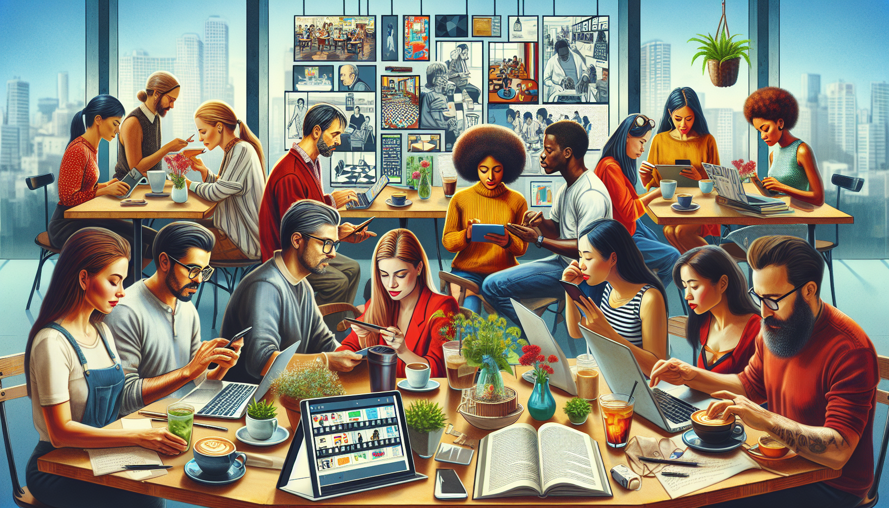 A digital collage showing a diverse group of people using various devices (tablets, smartphones, laptops) in a cozy, modern cafe setting, each screen displaying a different popular screenwriting app,