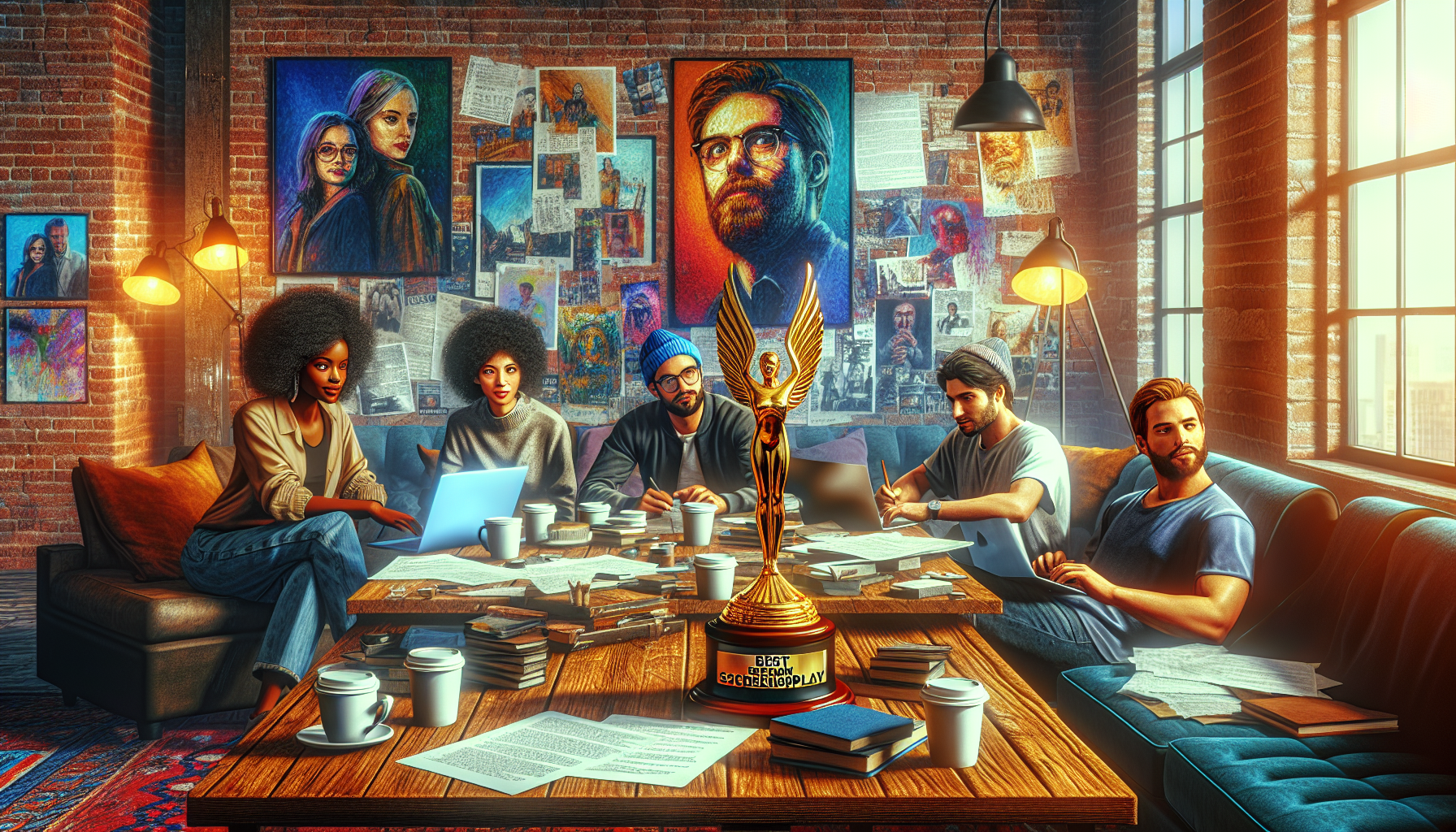 A digital oil painting of a diverse group of writers in a cozy loft, brainstorming ideas around a large wooden table strewn with laptops, scripts, and cups of coffee, with posters of famous films on t