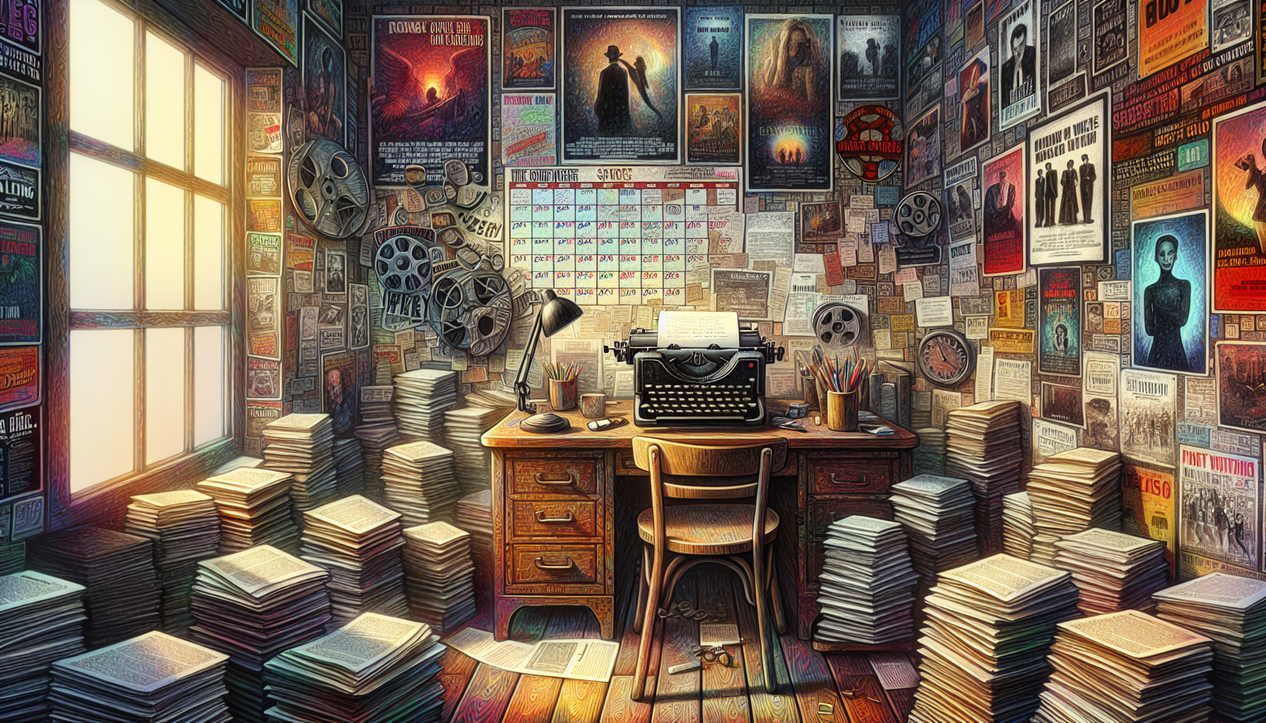 An artistically cluttered desk with a typewriter, stacks of screenplay scripts, movie posters on the wall, and a calendar marked with various contest deadlines, all in a cozy, dimly lit writer's room.