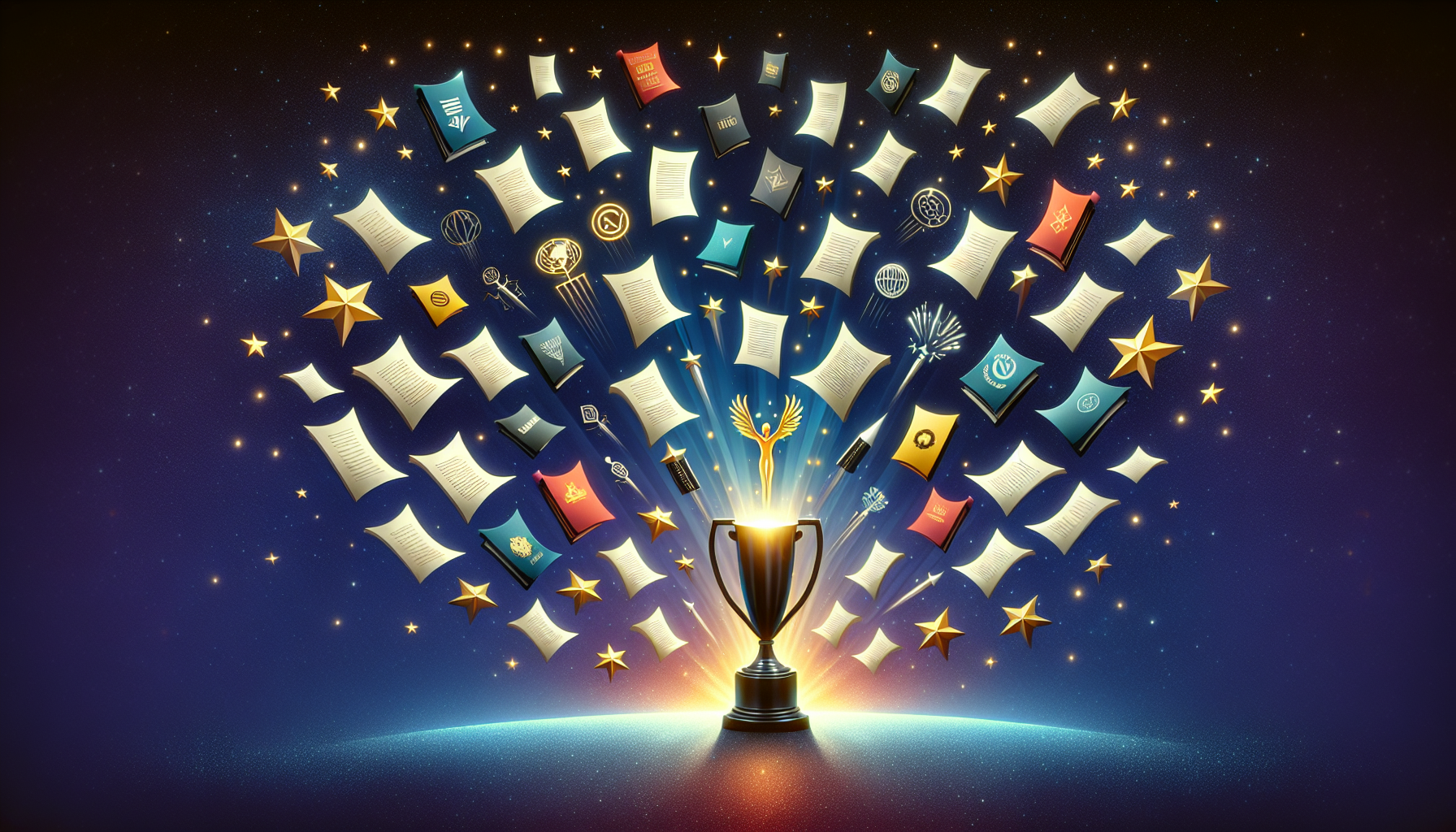 An illustration representing the top screenwriting contests of 2023. The scene should portray a cascade of diverse scripts tumbling down from a star studded sky, with each script being subtly marked by a unique emblem symbolizing the respective contest. There is a large, glossy trophy at the center of the scene glowing with potential victory. The design should be modern and dynamic with a variety of bright, resplendent colors bringing each script, emblem and the trophy to life.