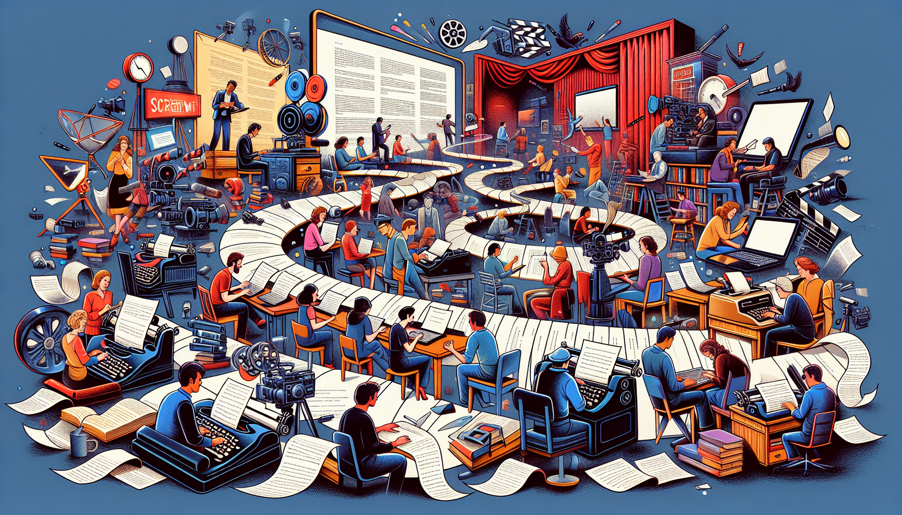 A vibrant, animated collage depicting a diverse group of people engaged in various screenwriting activities across different environments; from bustling classroom settings with large screens displayin