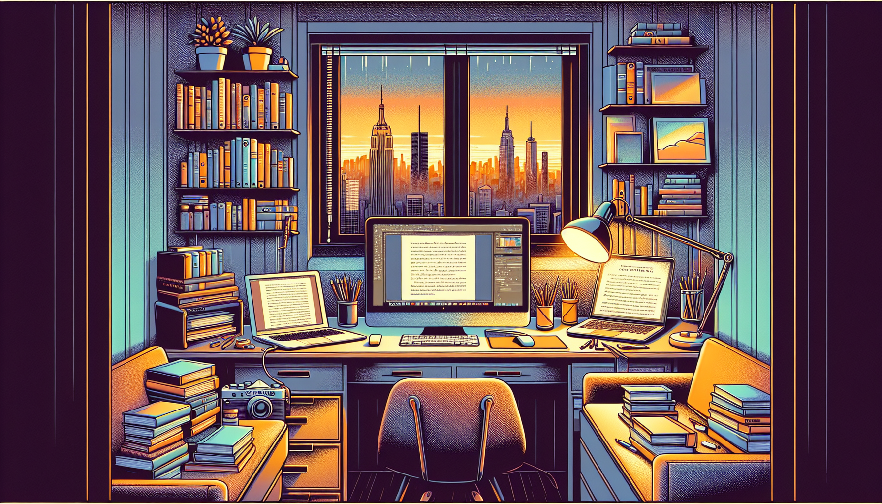 An artistic digital illustration of a cozy writer's nook with various screenwriting software open on multiple vintage and modern devices, surrounded by books on film writing and dimly lit by a classic