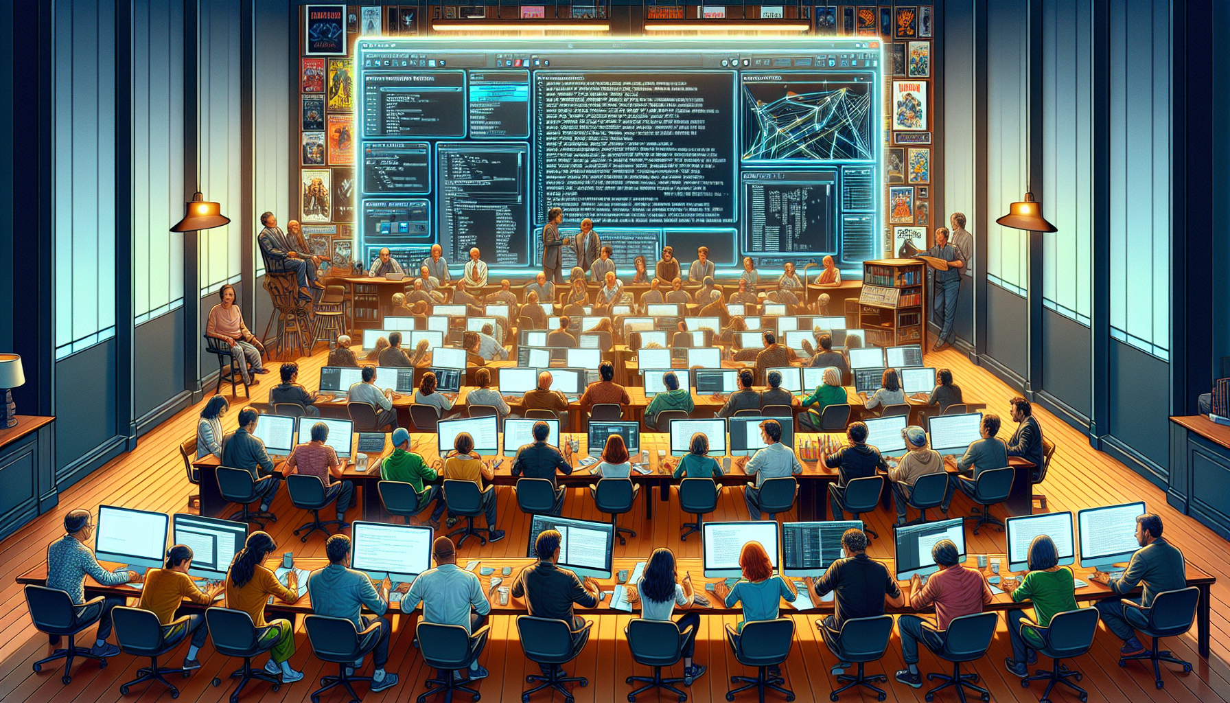A digital art depiction of a diverse group of people, both young and old, gathered around a large, glowing computer screen in a cozy, well-lit writers room. The screen displays various open windows of