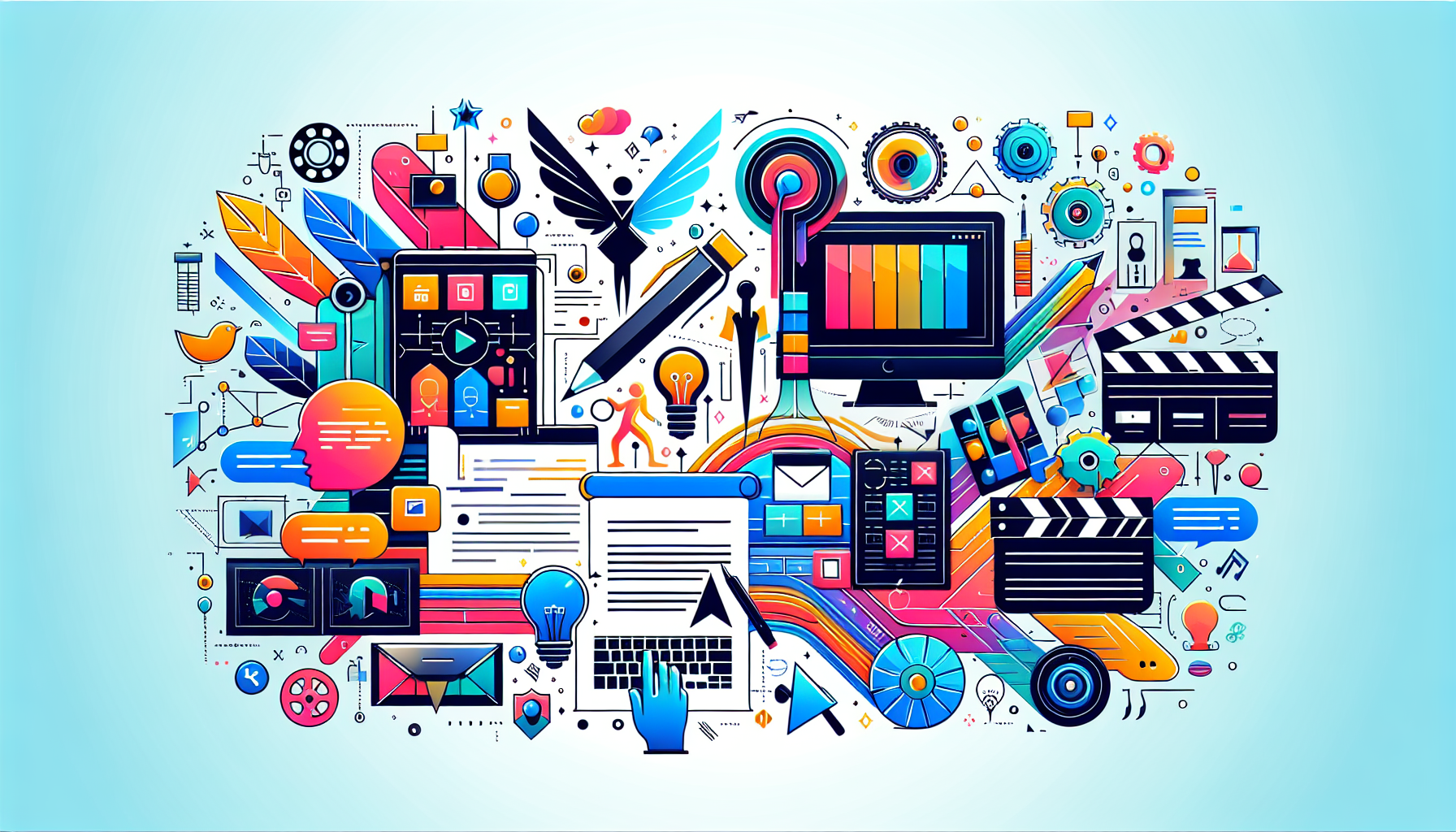 A dynamic and modern illustration showcasing various elements associated with screenwriting software. It can include symbols like editing tools, draft versions, storyboard frames, character profiles, typing on a script etc. The design must be colorful with a balance of bright and pastel colors to maintain a modern and light-hearted tone. Pay special attention to the fluidity and ease of use elements that most top screenwriting software display. The style should be digital and sleek, with a touch of creativity to underline the writer's creative process. There should be no words or text included in this art piece.