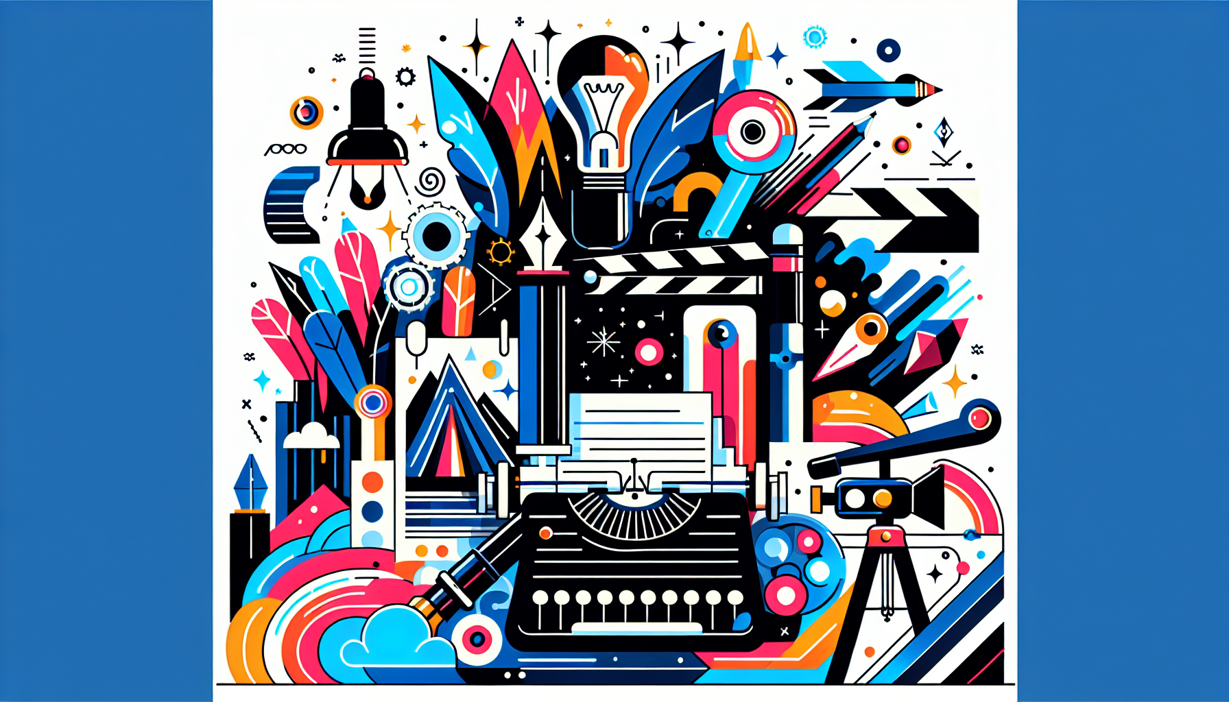 An abstract, colorful, modern-style illustration that conveys 'Top Screenwriting Tips for Aspiring Writers'. Perhaps it features a mix of symbols commonly associated with screenwriting, like a fountain pen, a screenplay, a typewriter, and a movie clapper. Also include symbols representative of learning and aspiring, such as a light bulb, a mountain summit, or a rocket. Please note that no words or text should be included in the illustration.