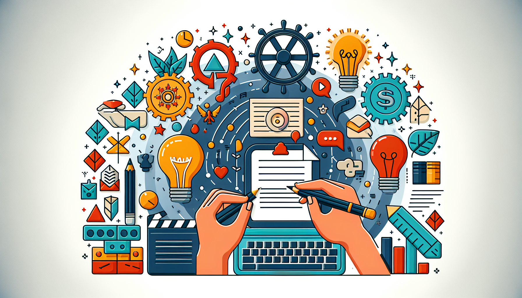 Create a detailed and colorful modern illustration that cleverly depicts effective methods to avoid typical mistakes made in screenplay writing. The illustration should be without any text or words. Include symbols or visual metaphors that indicate elements of the writing process, common pitfalls, and successful strategies.