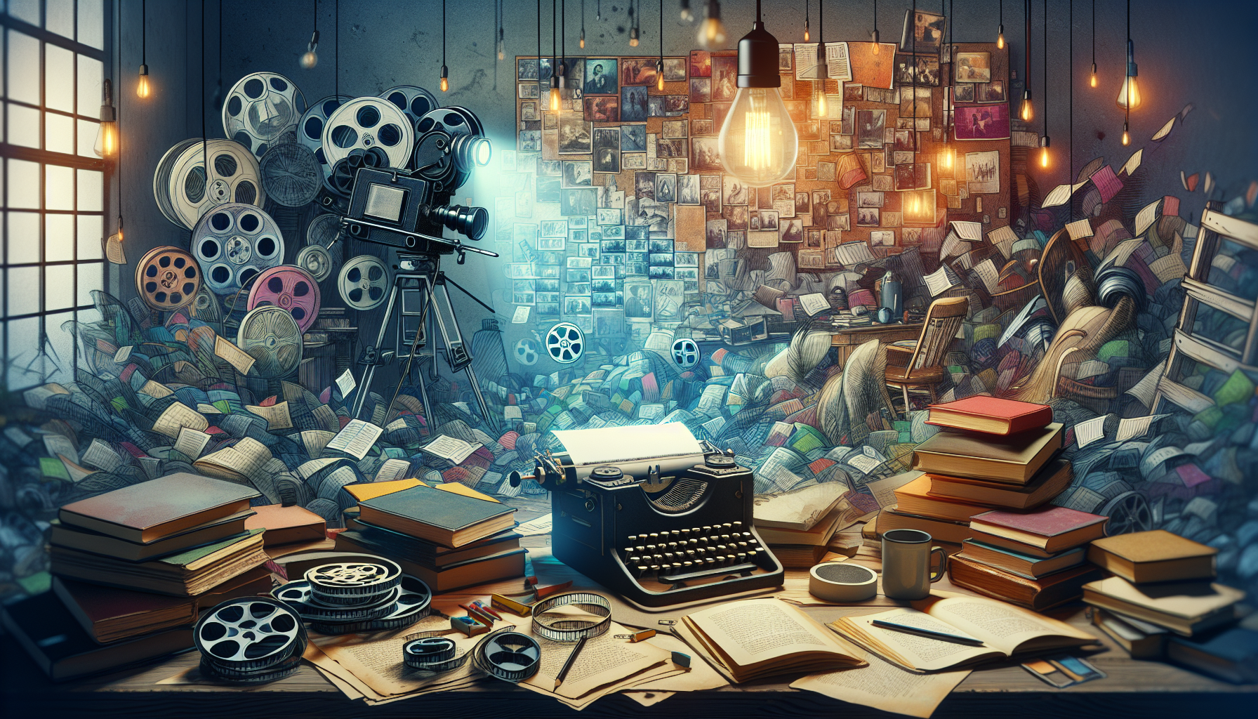 An imaginative artist's studio filled with scattered books, film reels, a vintage typewriter, and a screenplay laid out on a desk, all beneath a hanging light bulb illuminating the creative chaos. In